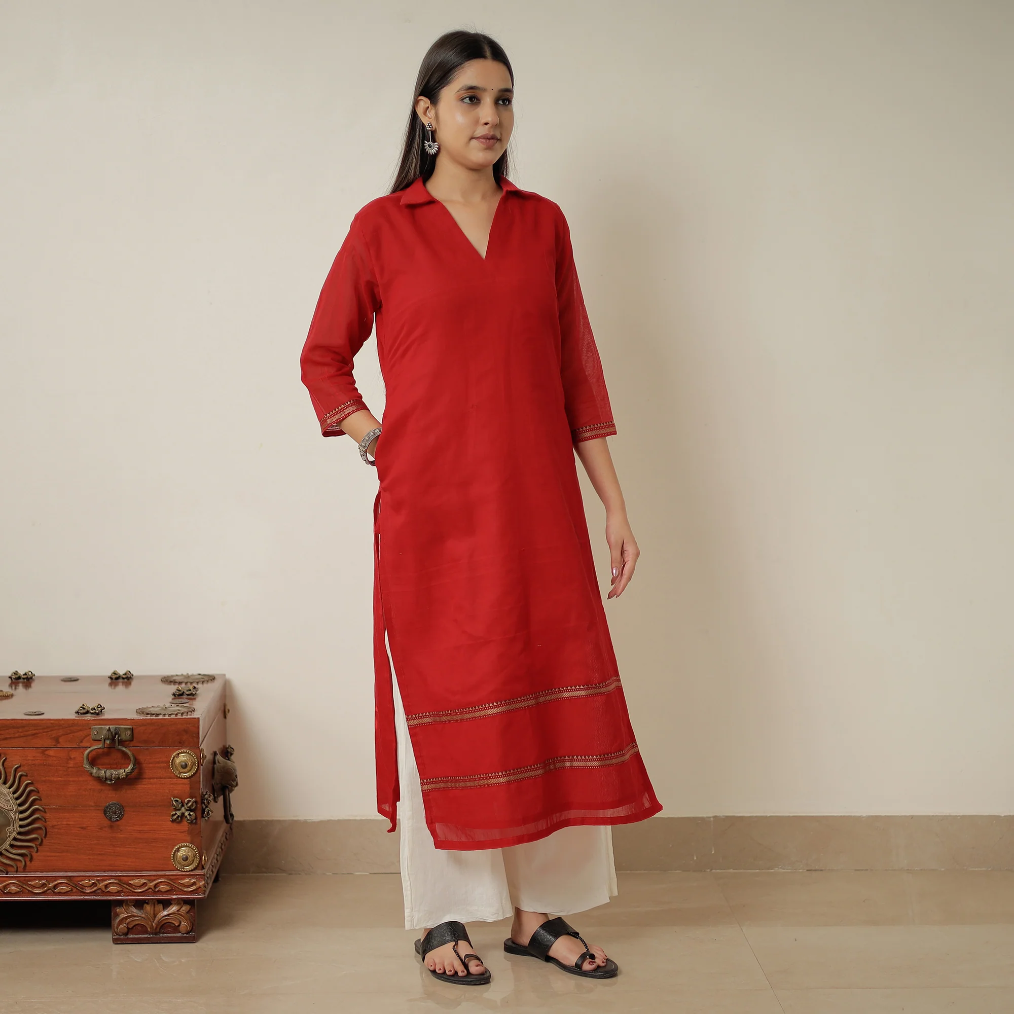 Red - Dharwad Mercerised Cotton Straight Kurta 05 - Image 3