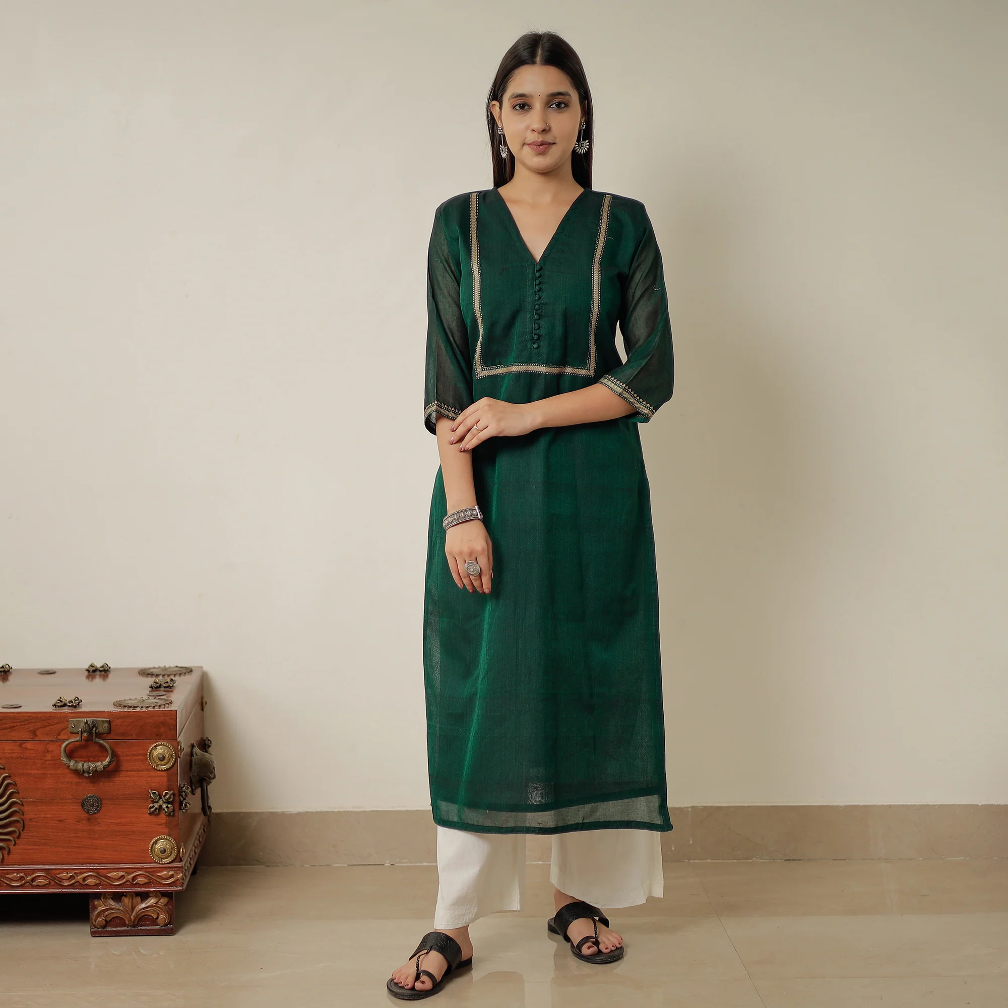 Green - Dharwad Mercerised Cotton Straight Kurta 10 - Image 3