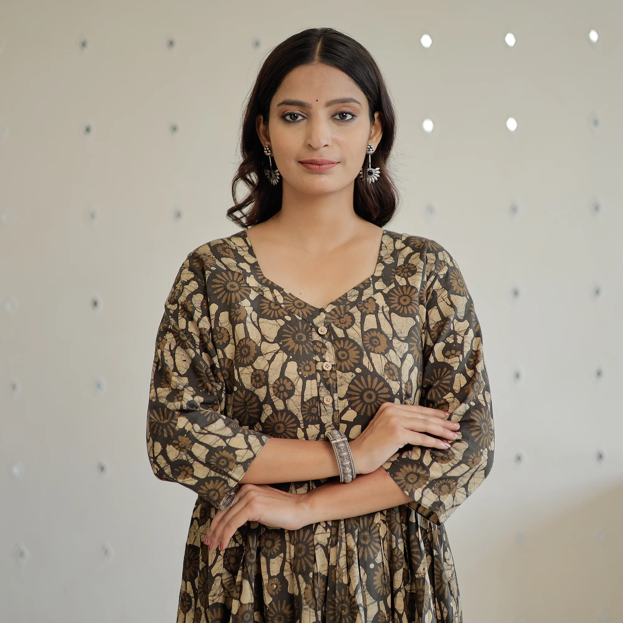 Brown - Hand Batik Printed Cotton Flared Dress 04