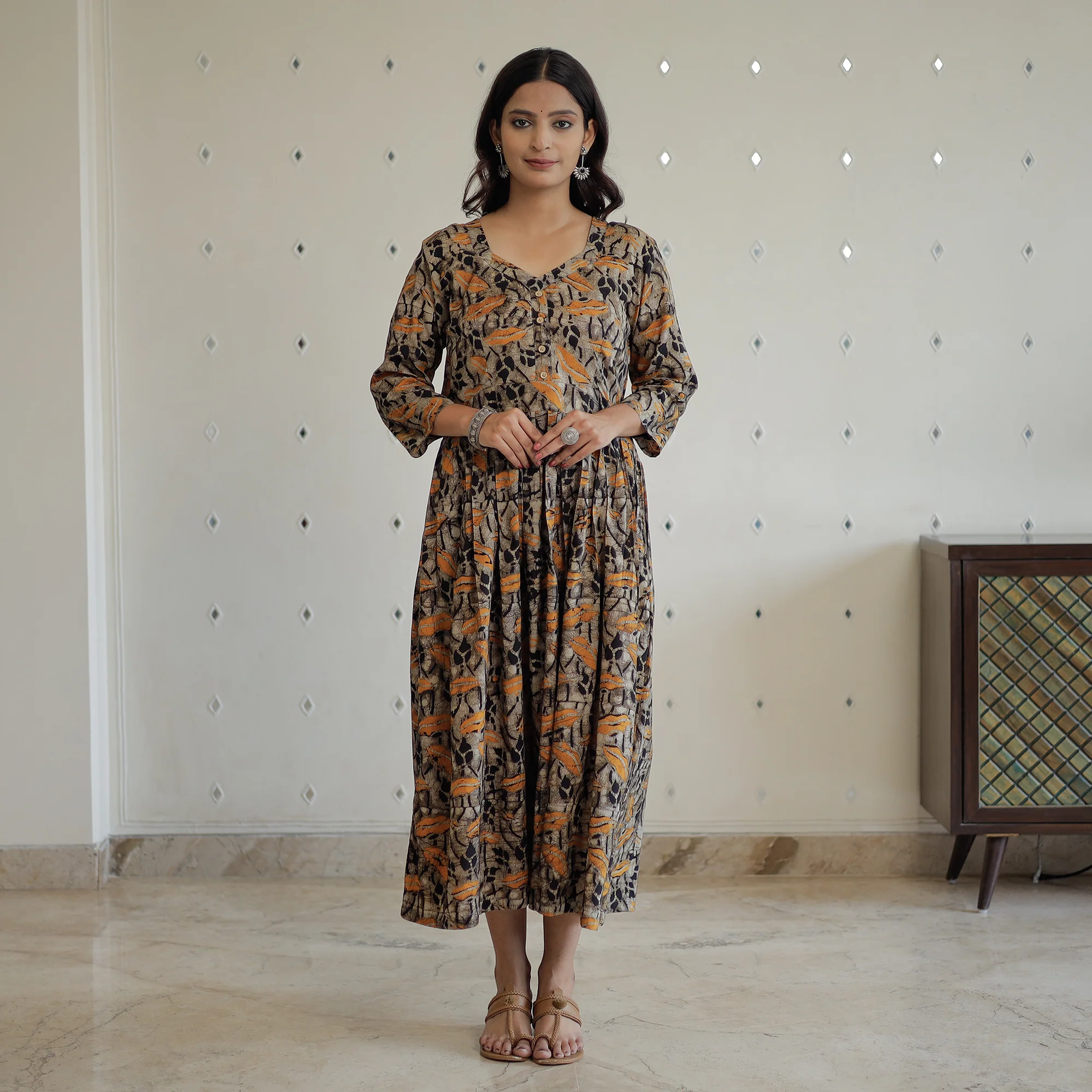 Brown - Hand Batik Printed Cotton Flared Dress 05 - Image 2