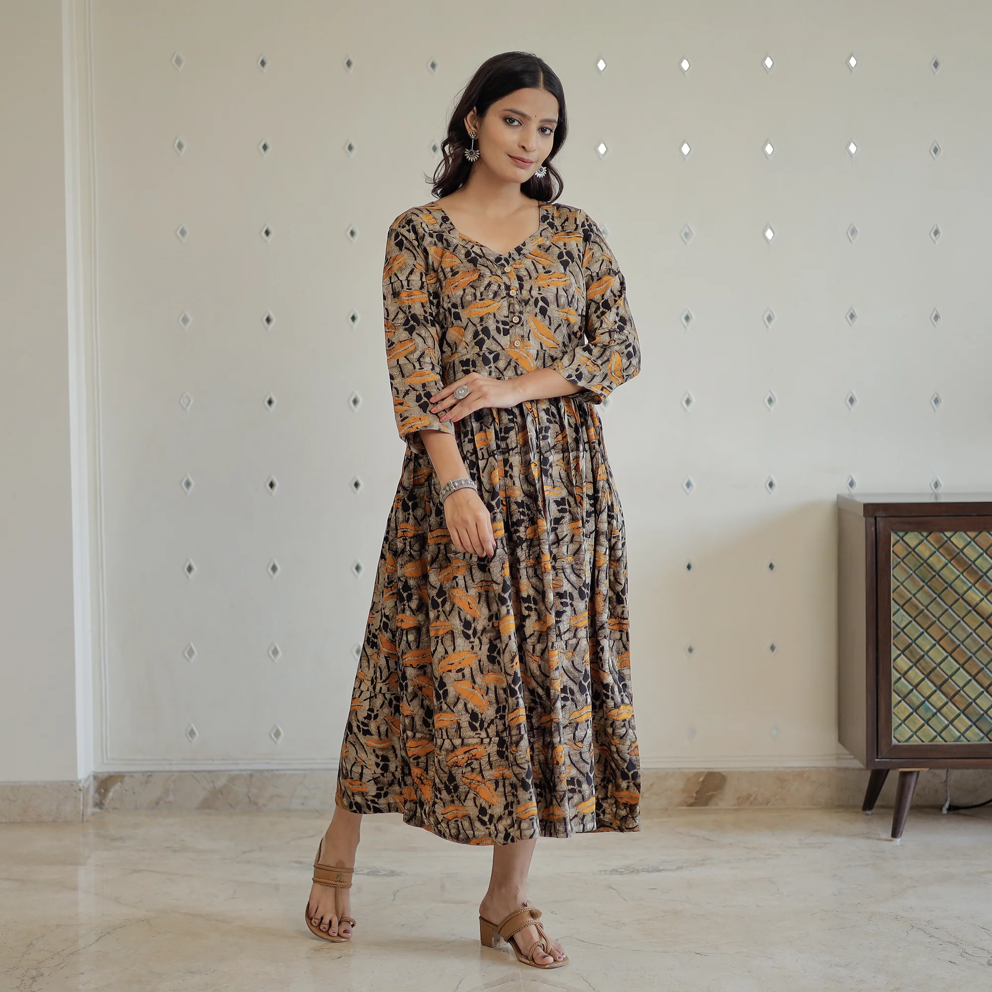 Brown - Hand Batik Printed Cotton Flared Dress 05 - Image 5