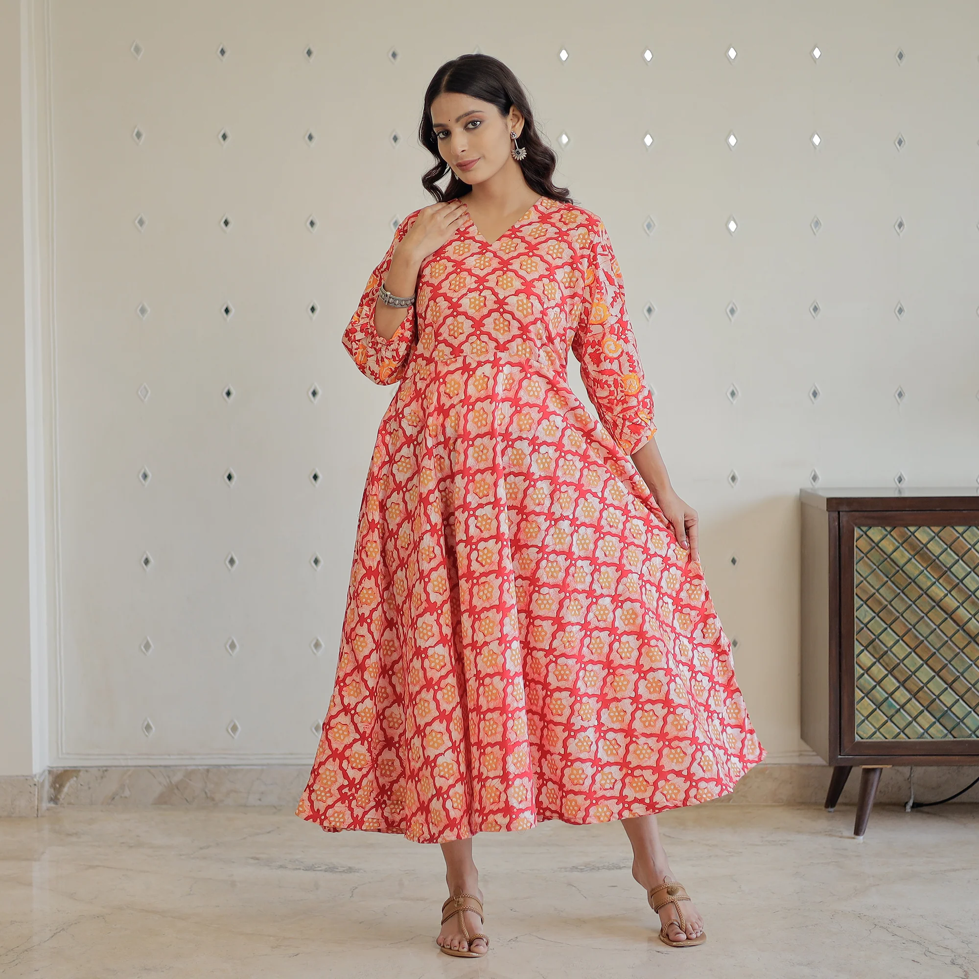 Pink - Hand Batik Printed Cotton Flared Dress 07 - Image 5