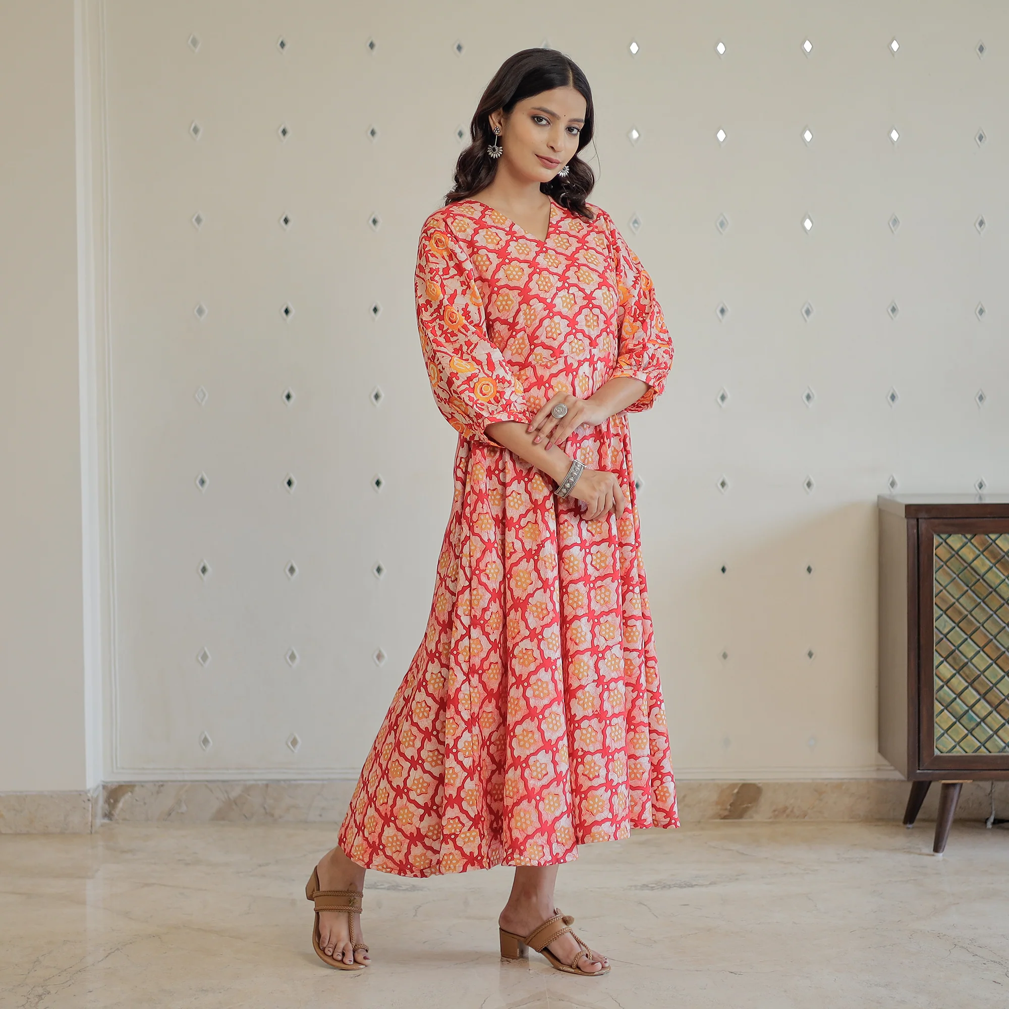 Pink - Hand Batik Printed Cotton Flared Dress 07 - Image 6