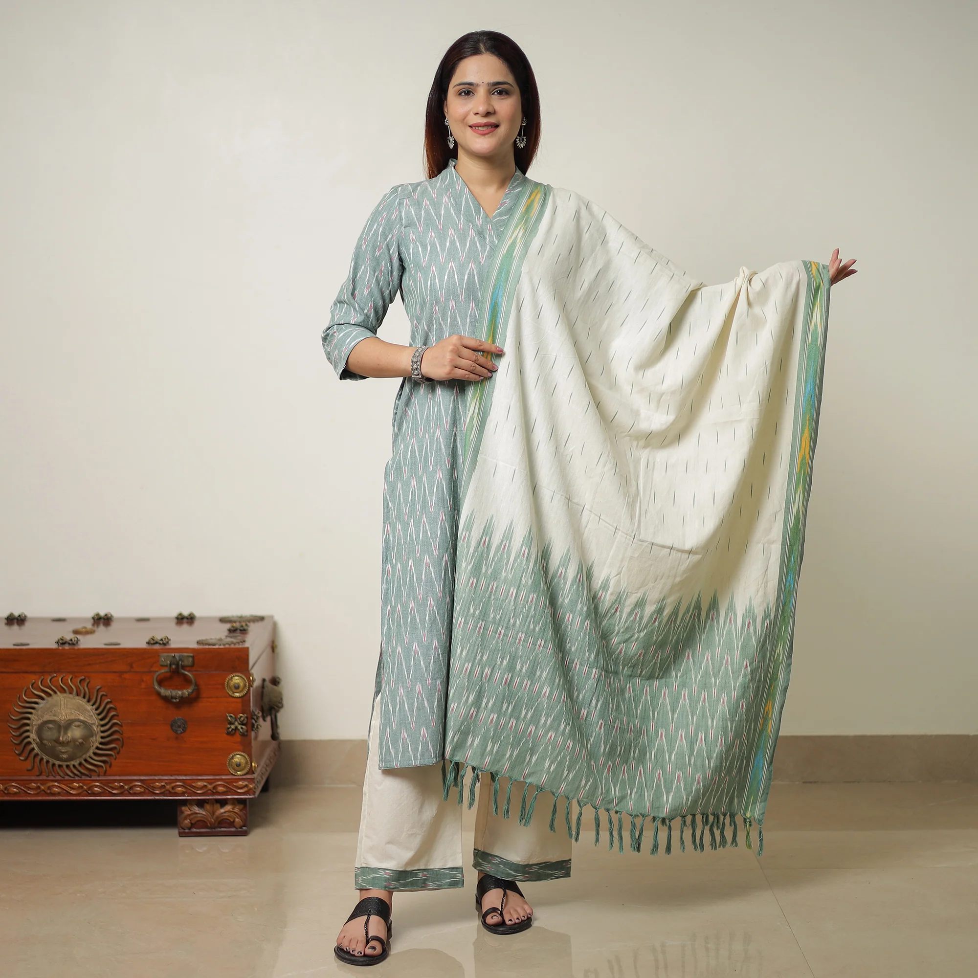 Green - Pochampally Ikat Weave Cotton Kurta with Palazzo & Dupatta Set 08 - Image 2