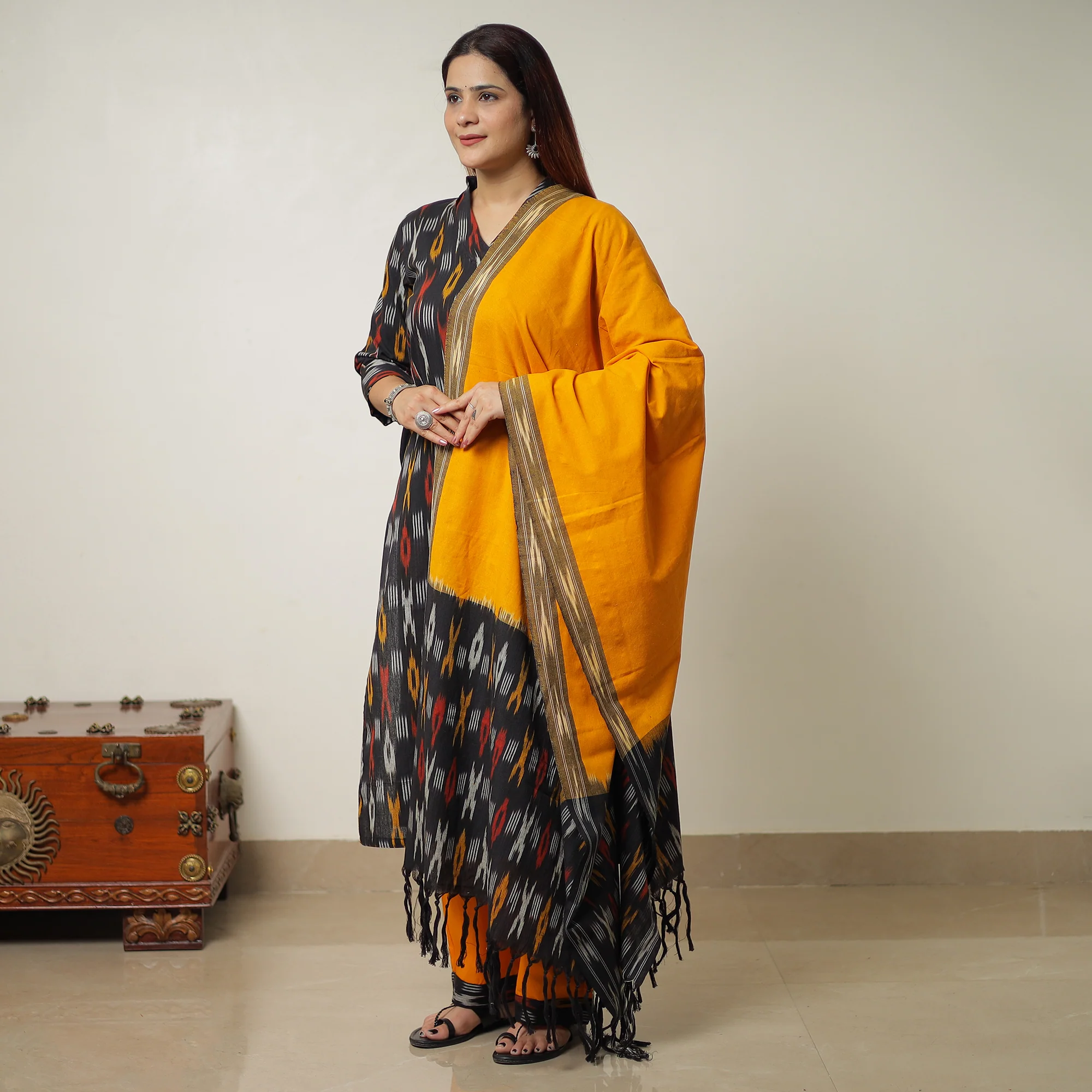 Black - Pochampally Ikat Weave Cotton Kurta with Palazzo & Dupatta Set 09 - Image 3