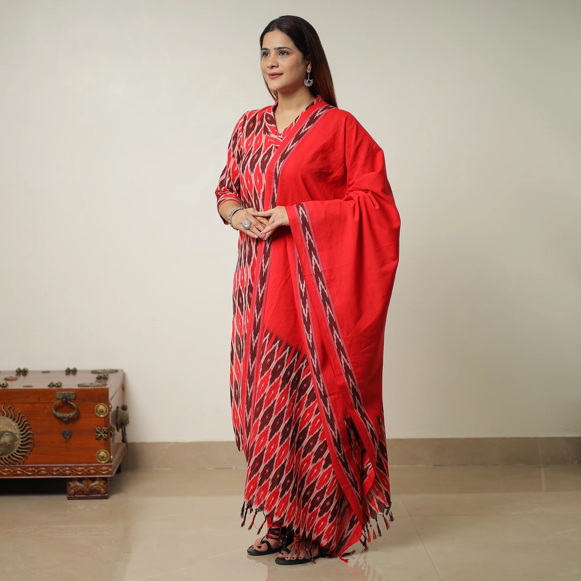 Multicolor - Pochampally Ikat Weave Cotton Kurta with Palazzo & Dupatta Set 10 - Image 3