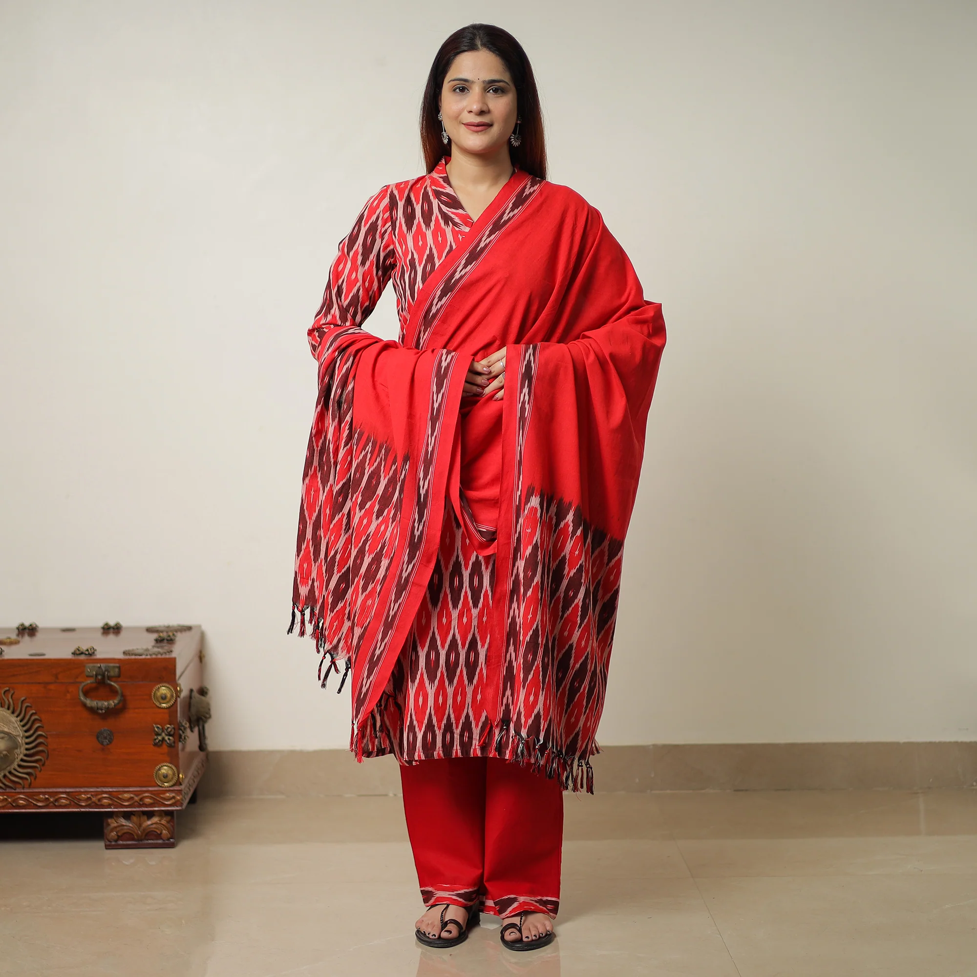 Multicolor - Pochampally Ikat Weave Cotton Kurta with Palazzo & Dupatta Set 10 - Image 4