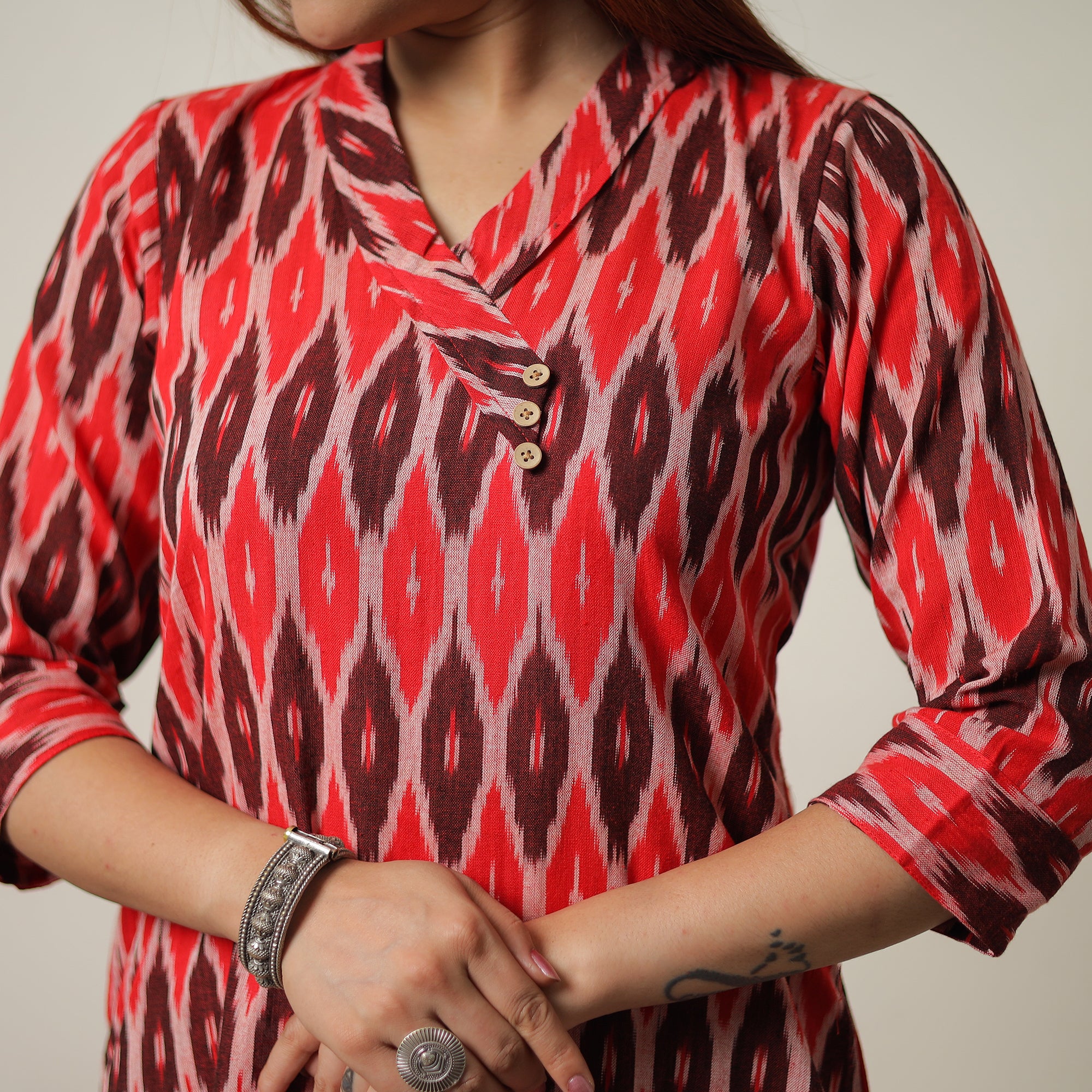 Multicolor - Pochampally Ikat Weave Cotton Kurta with Palazzo & Dupatta Set 10 - Image 6