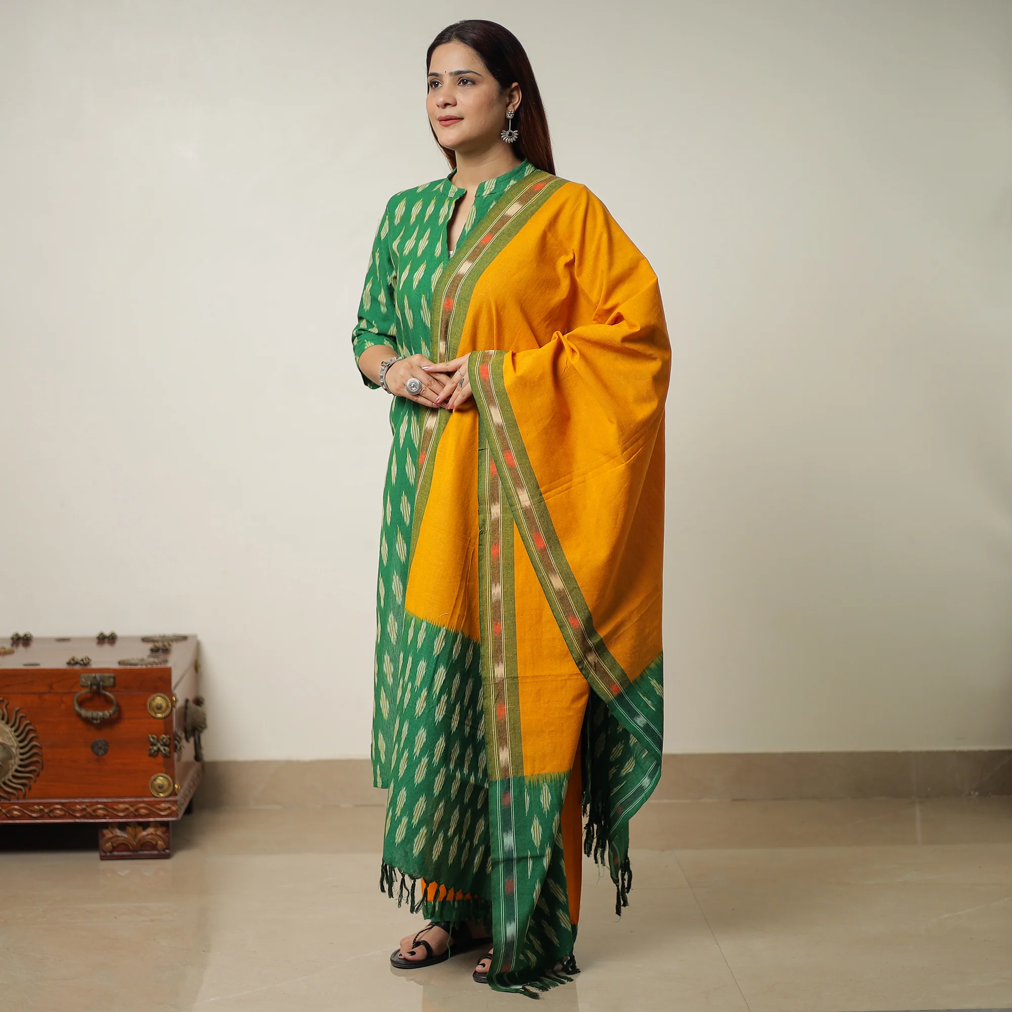 Green - Pochampally Ikat Weave Cotton Kurta with Palazzo & Dupatta Set 13 - Image 3