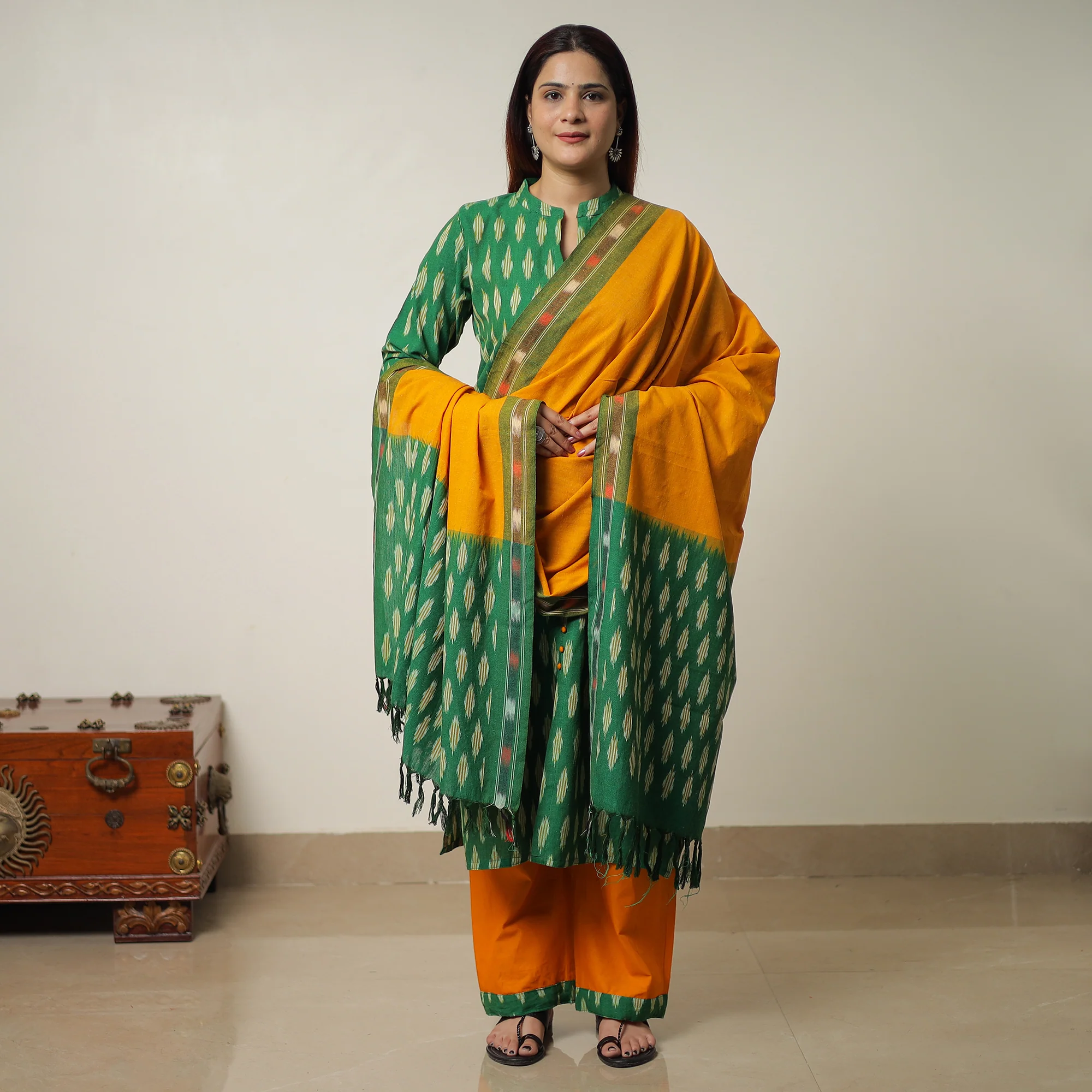 Green - Pochampally Ikat Weave Cotton Kurta with Palazzo & Dupatta Set 13 - Image 4