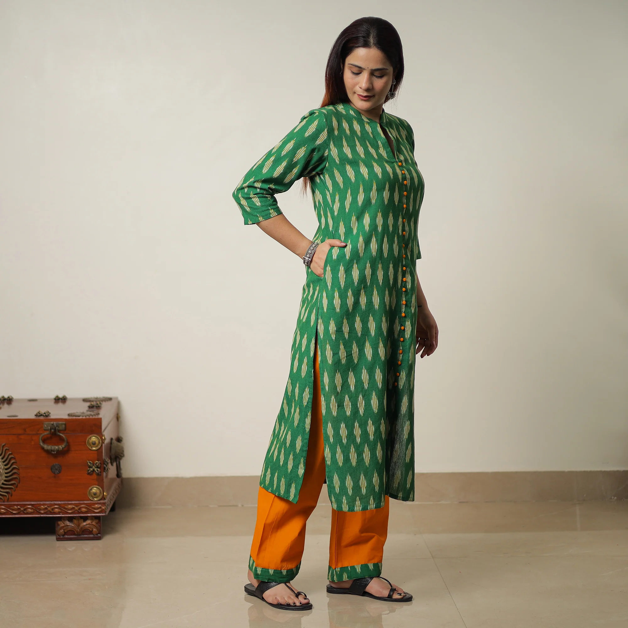 Green - Pochampally Ikat Weave Cotton Kurta with Palazzo & Dupatta Set 13 - Image 5