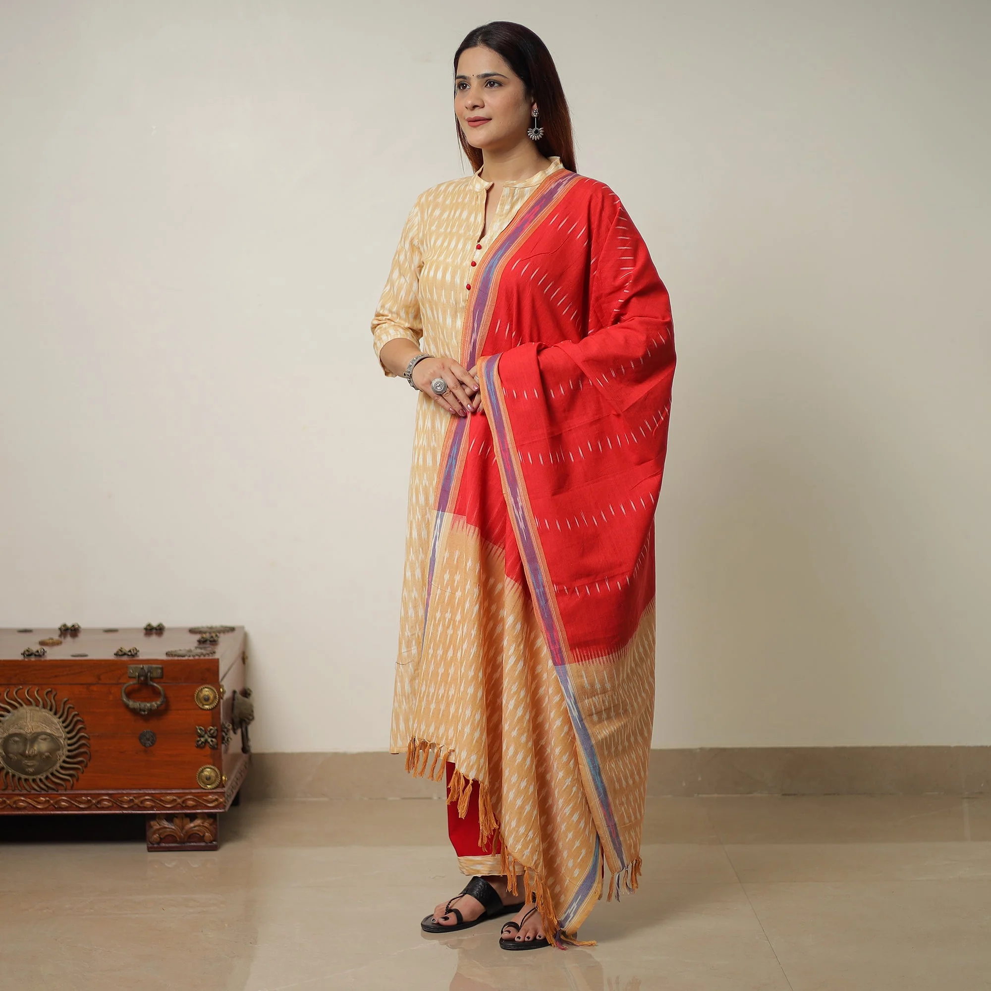 Beige - Pochampally Ikat Weave Cotton Kurta with Palazzo & Dupatta Set 14 - Image 3