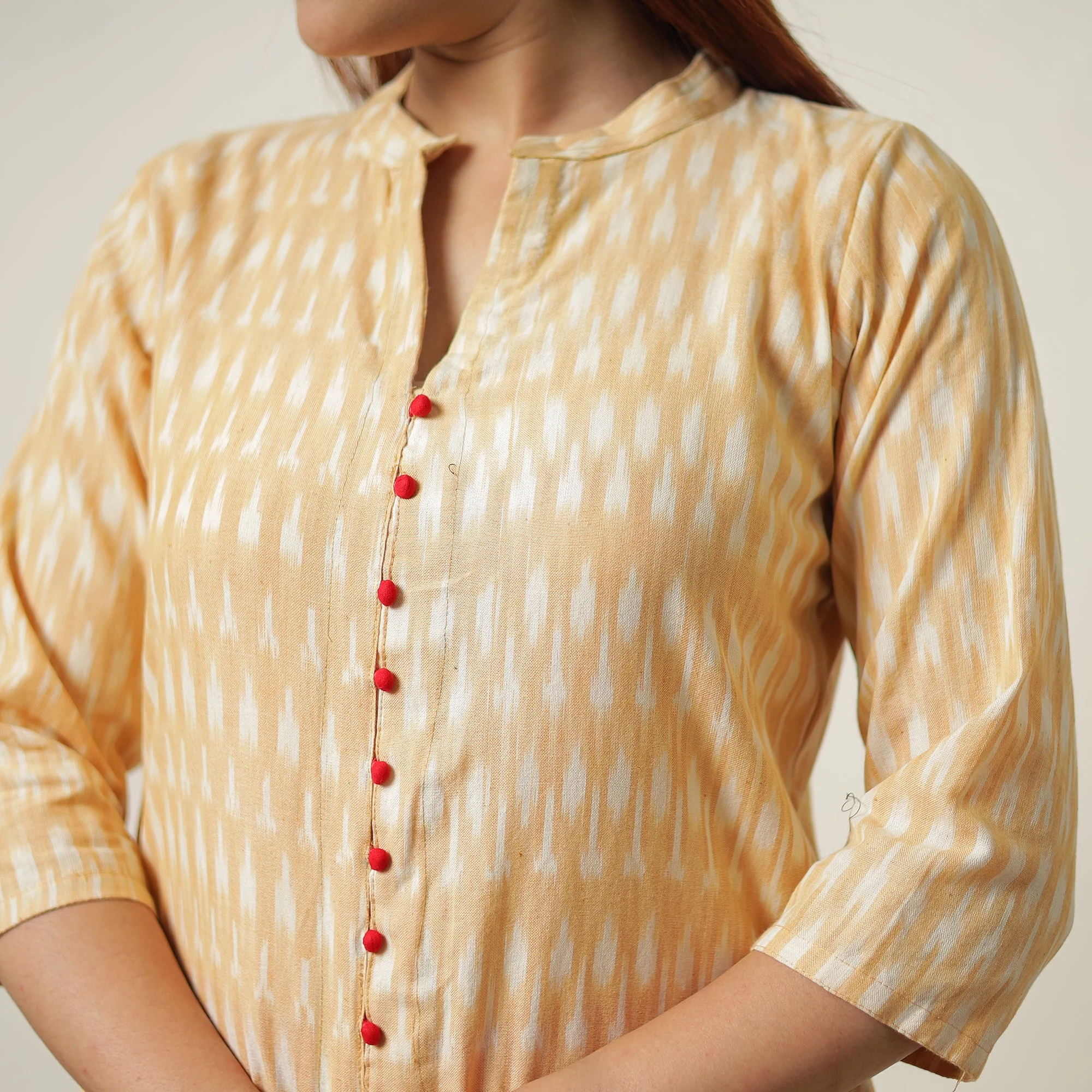 Beige - Pochampally Ikat Weave Cotton Kurta with Palazzo & Dupatta Set 14 - Image 6
