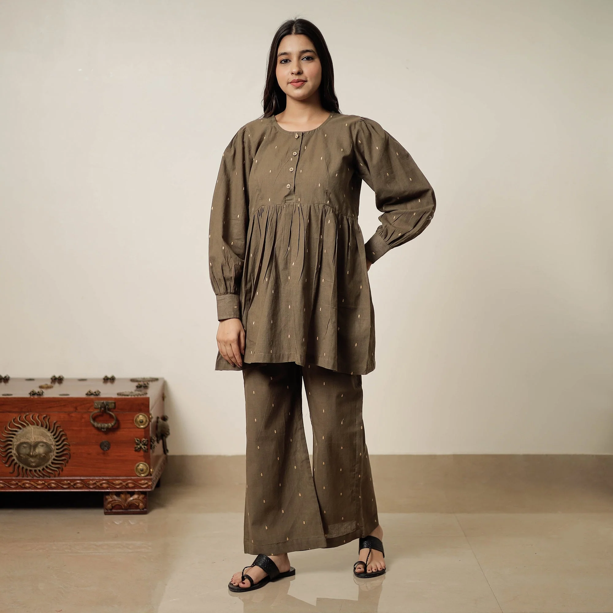 Brown - Jacquard Cotton Co-Ord Set 11 - Image 3