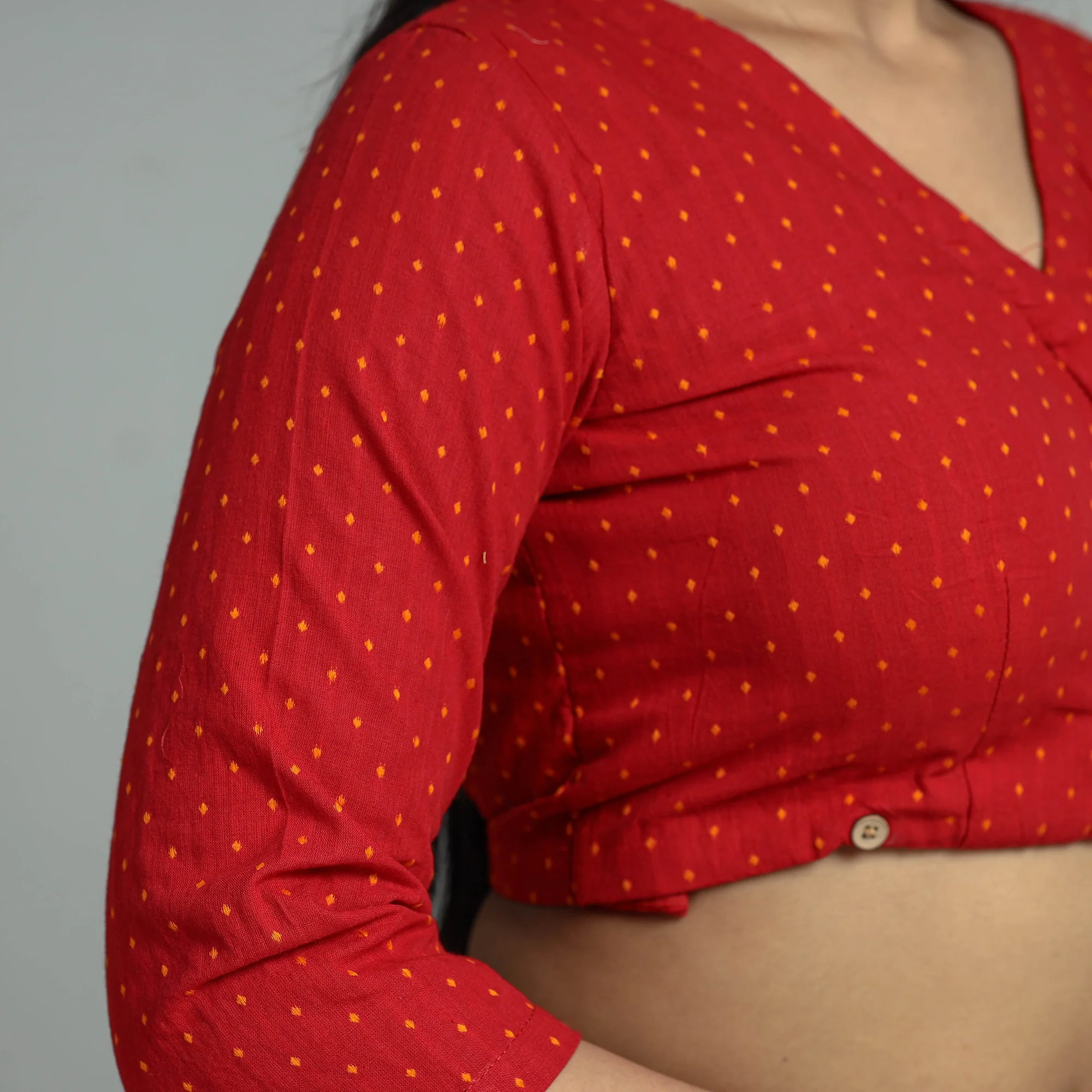 Red - Jacquard Weave Cotton Stitched Blouse 12 - Image 5