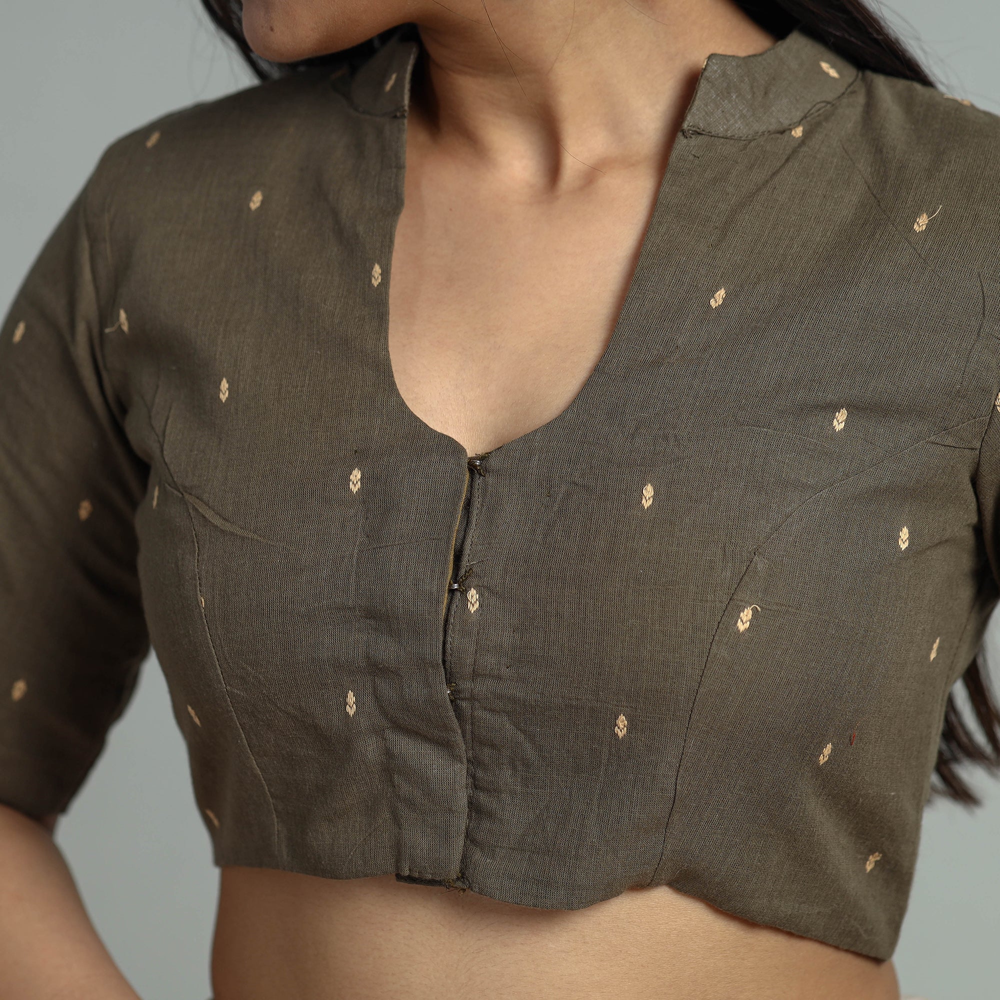 Brown - Jacquard Weave Cotton Stitched Blouse 05 - Image 4