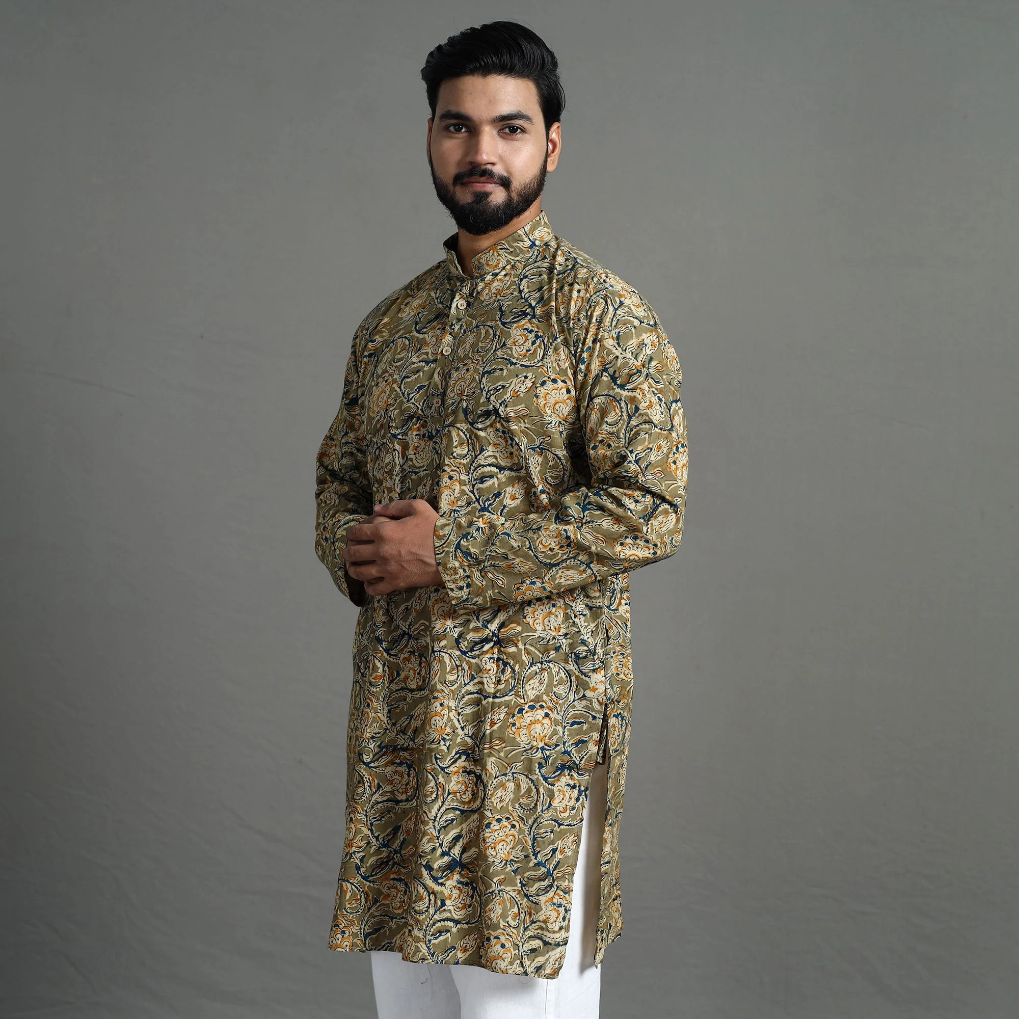 Kalamkari Block Printed Cotton Men Long Kurta 08 - Image 4