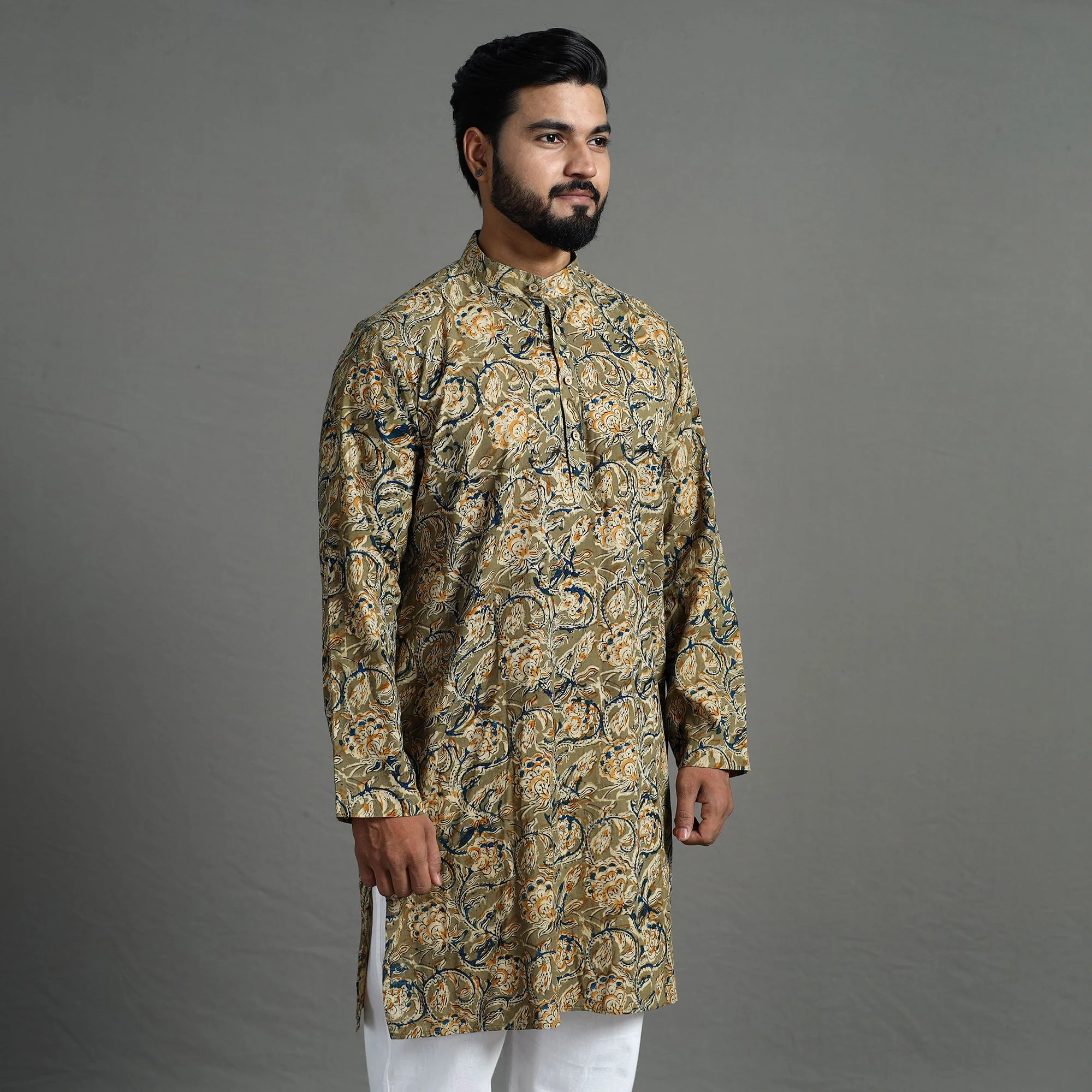 Kalamkari Block Printed Cotton Men Long Kurta 08 - Image 5