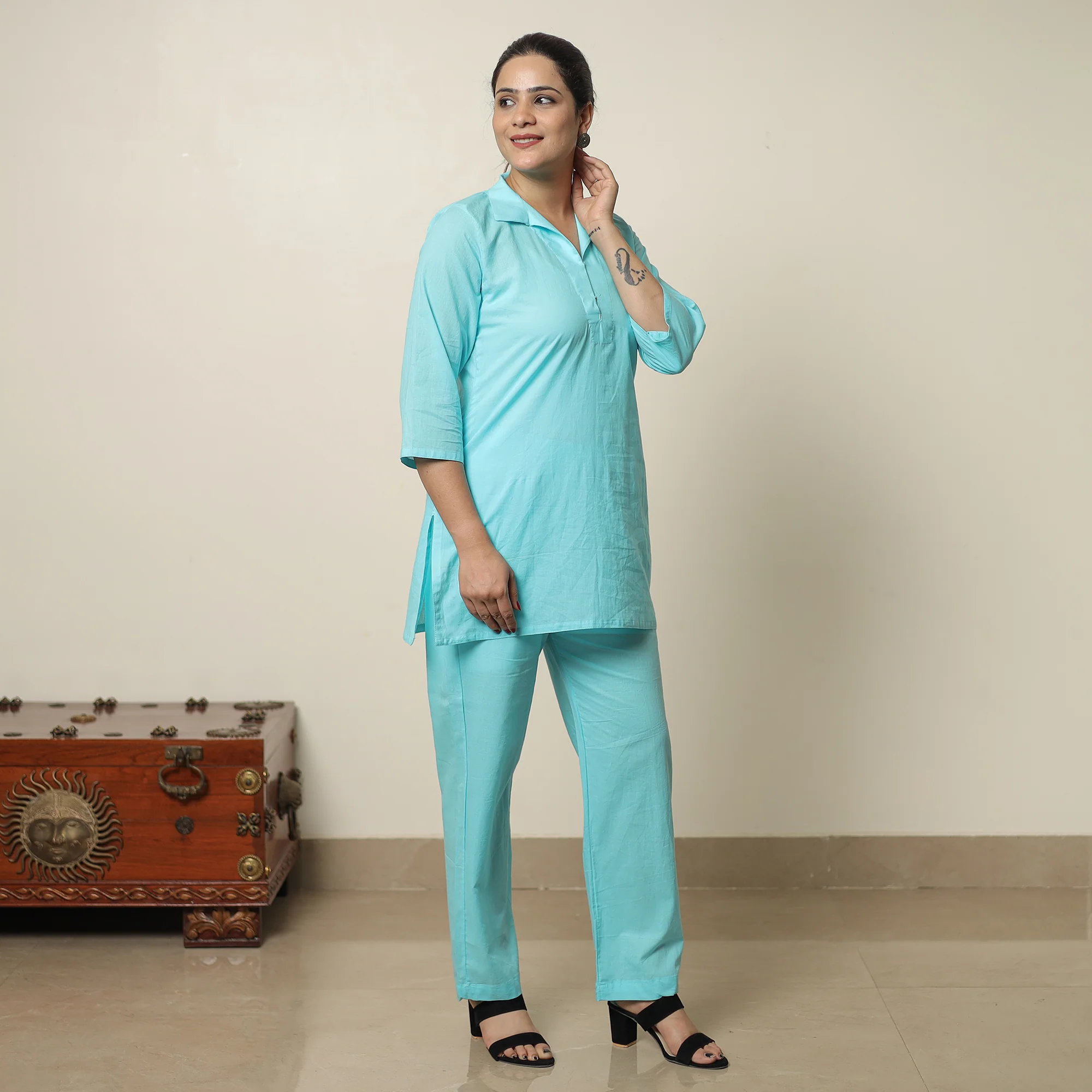 Blue - Plain Dyed Cotton Co-Ord Set 15 - Image 2