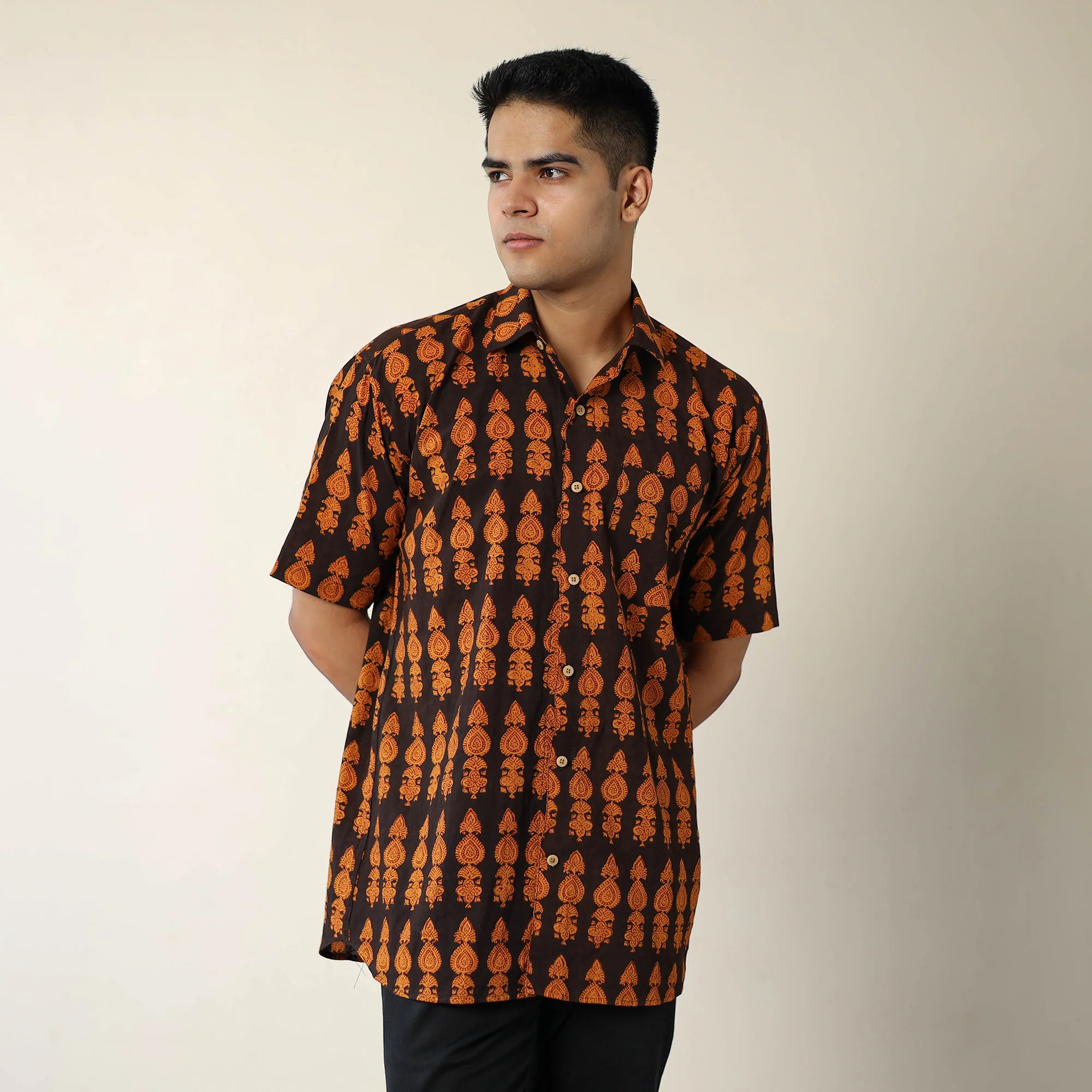 Orange - Bagh Hand Block Printed Cotton Men Half Sleeve Shirt 10 - Image 2