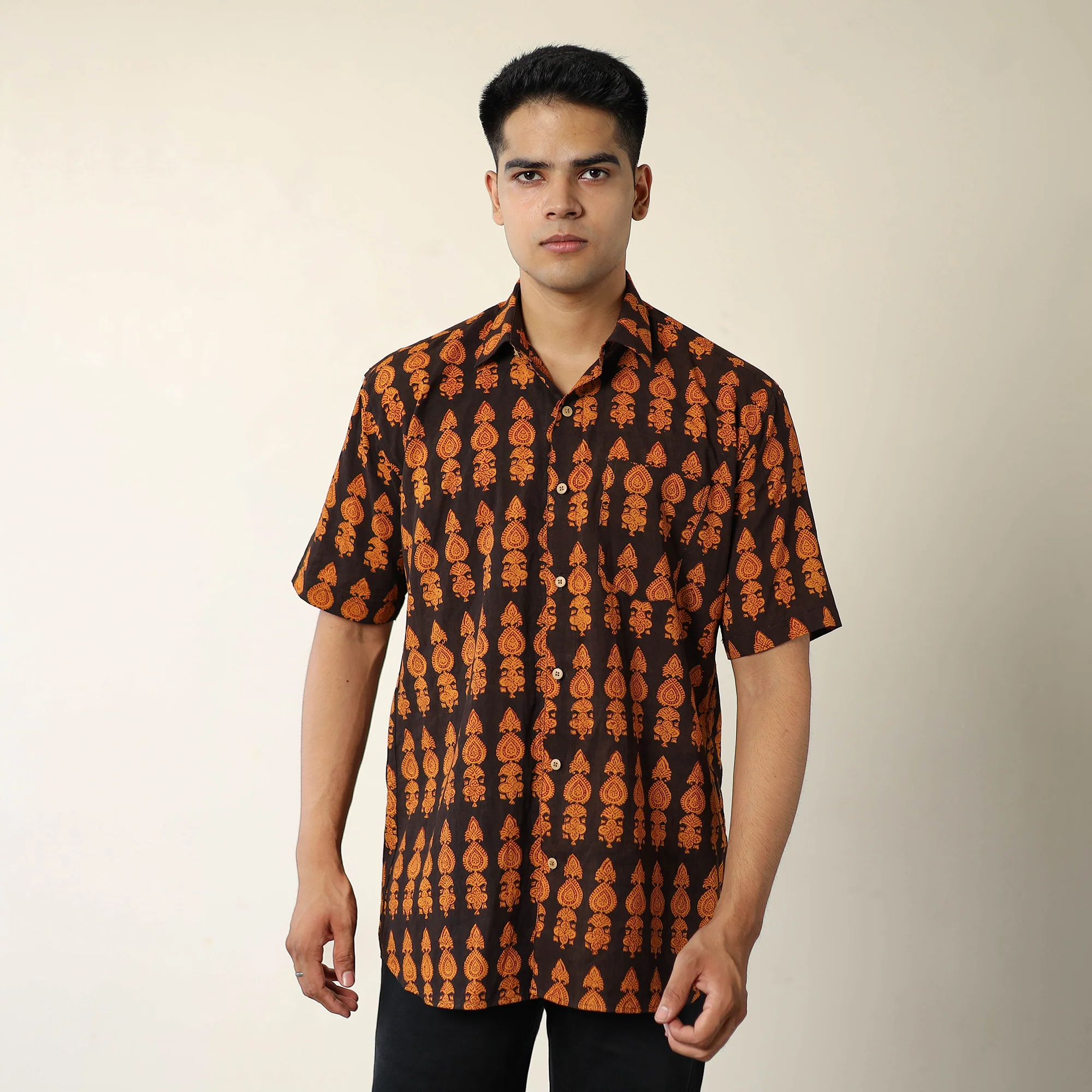 Orange - Bagh Hand Block Printed Cotton Men Half Sleeve Shirt 10 - Image 3