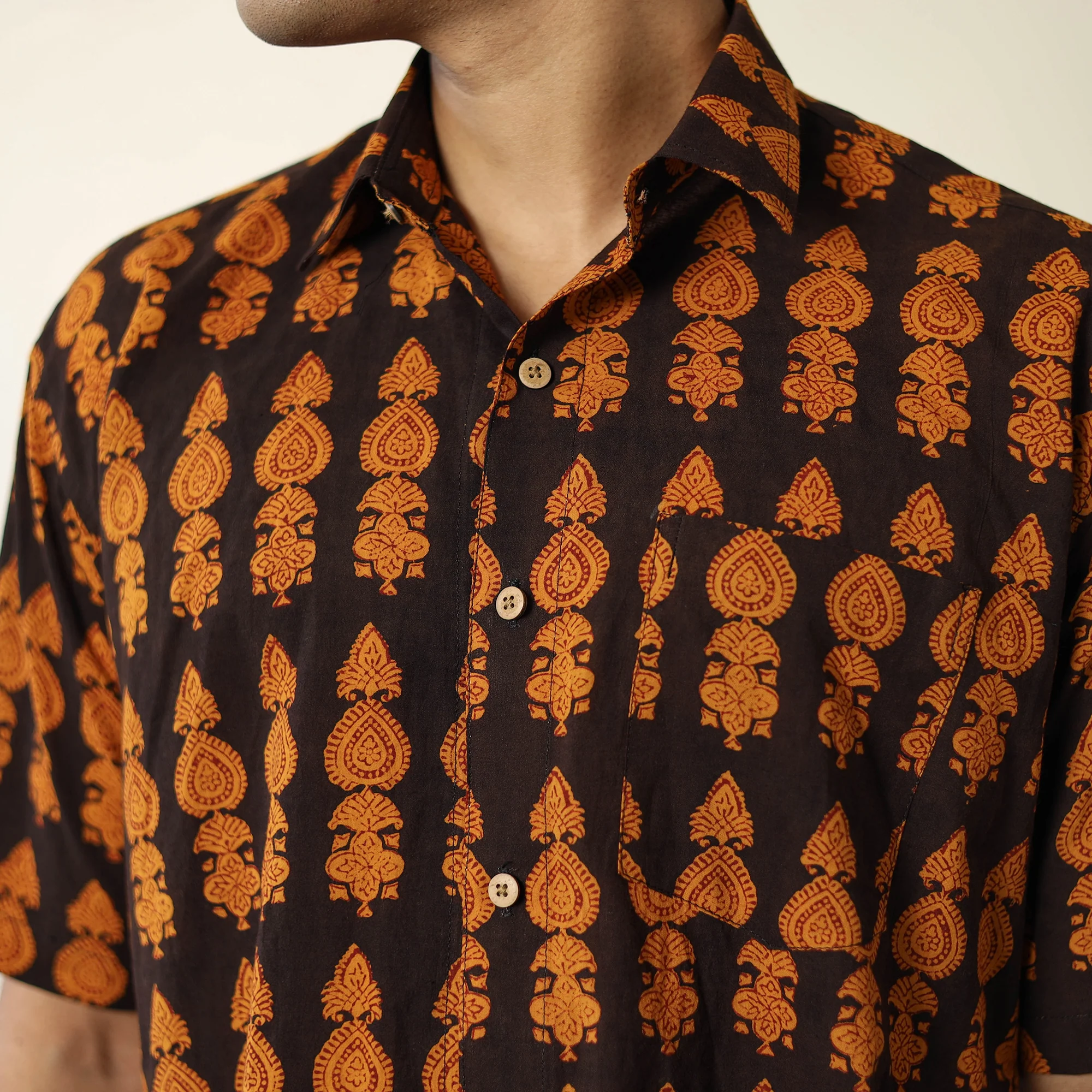 Orange - Bagh Hand Block Printed Cotton Men Half Sleeve Shirt 10 - Image 4
