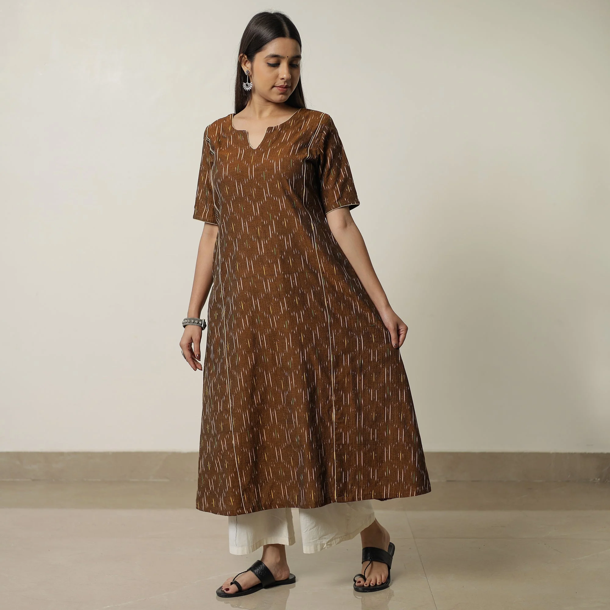 Brown - Pochampally Ikat Weave Cotton A-Line Kurta 01 - Image 3