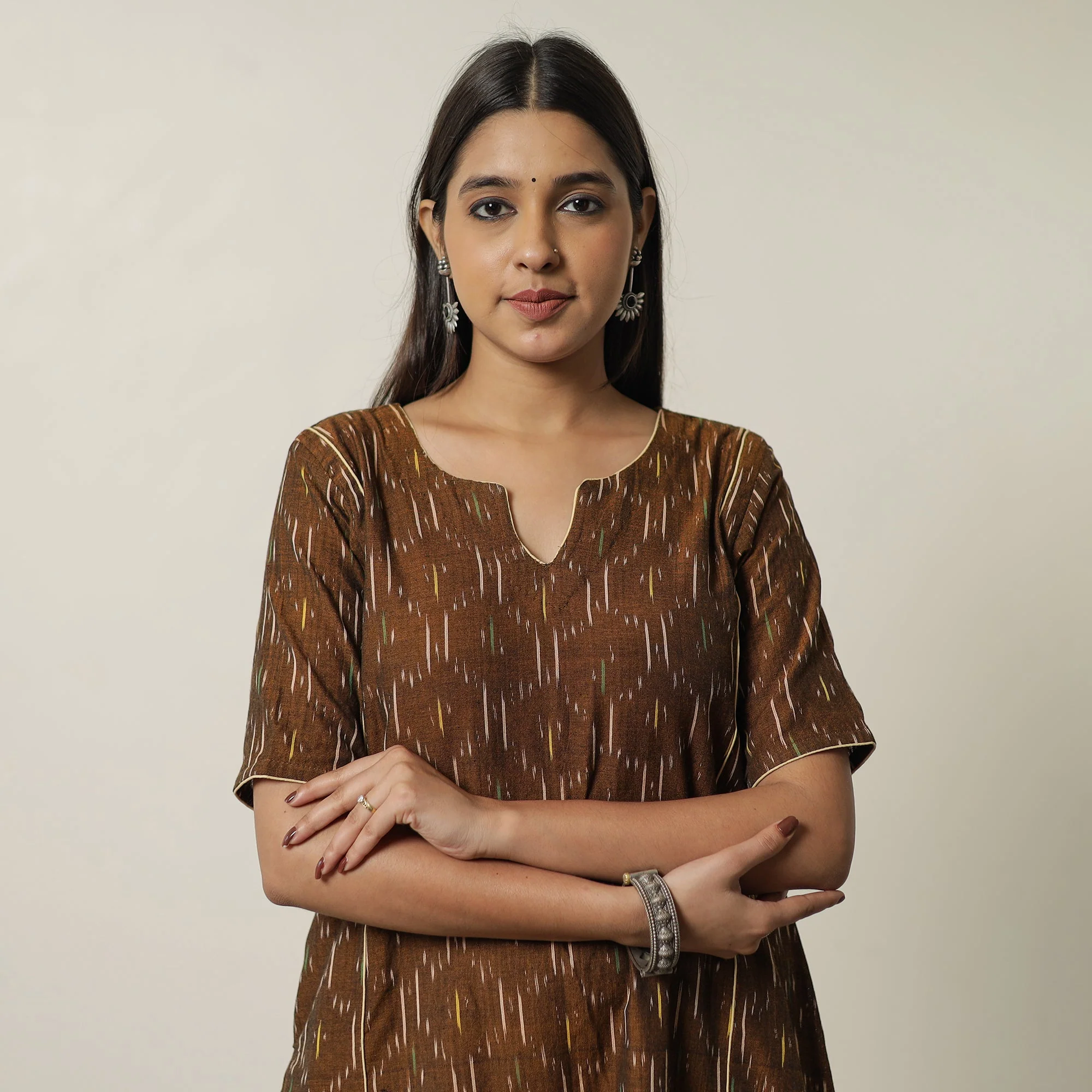 Brown - Pochampally Ikat Weave Cotton A-Line Kurta 01 - Image 4