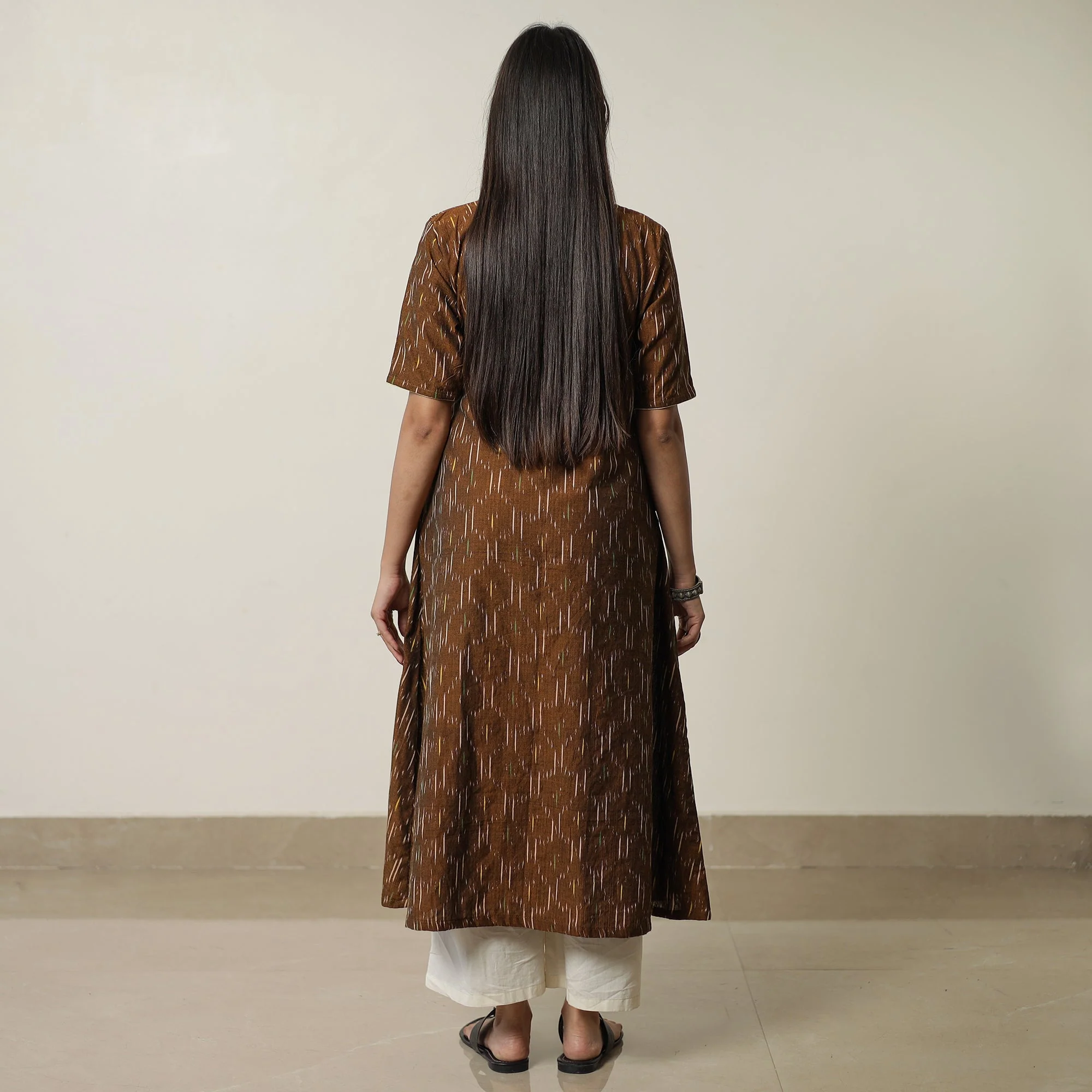 Brown - Pochampally Ikat Weave Cotton A-Line Kurta 01 - Image 6