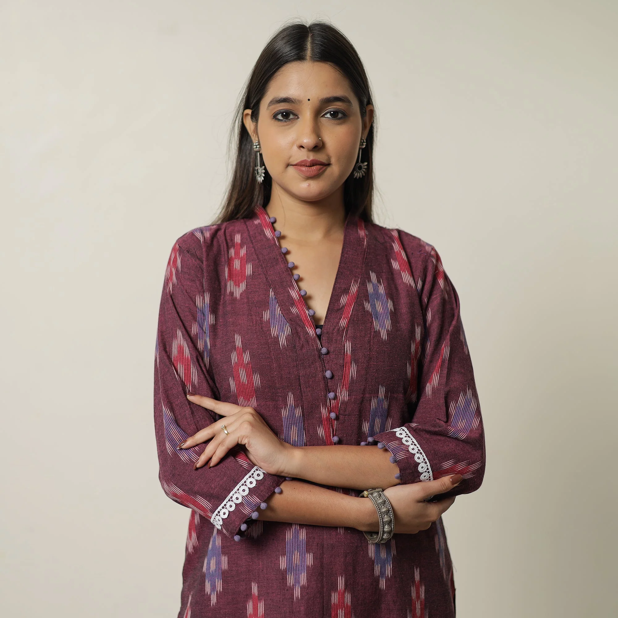 Purple - Pochampally Ikat Weave Cotton Straight Kurta 14 - Image 3