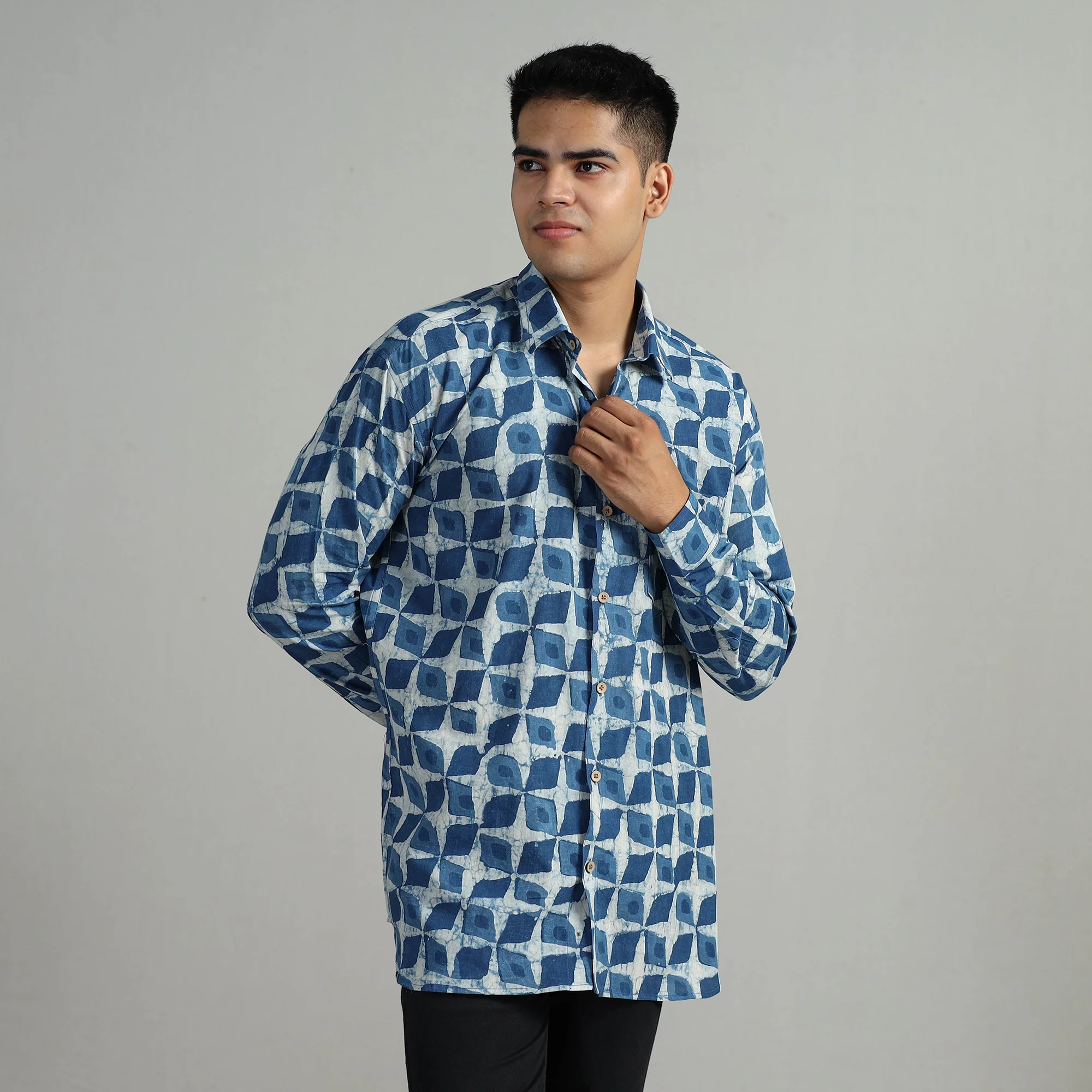 Blue - Indigo Block Printed Cotton Men Full Sleeve Shirt 16 - Image 2