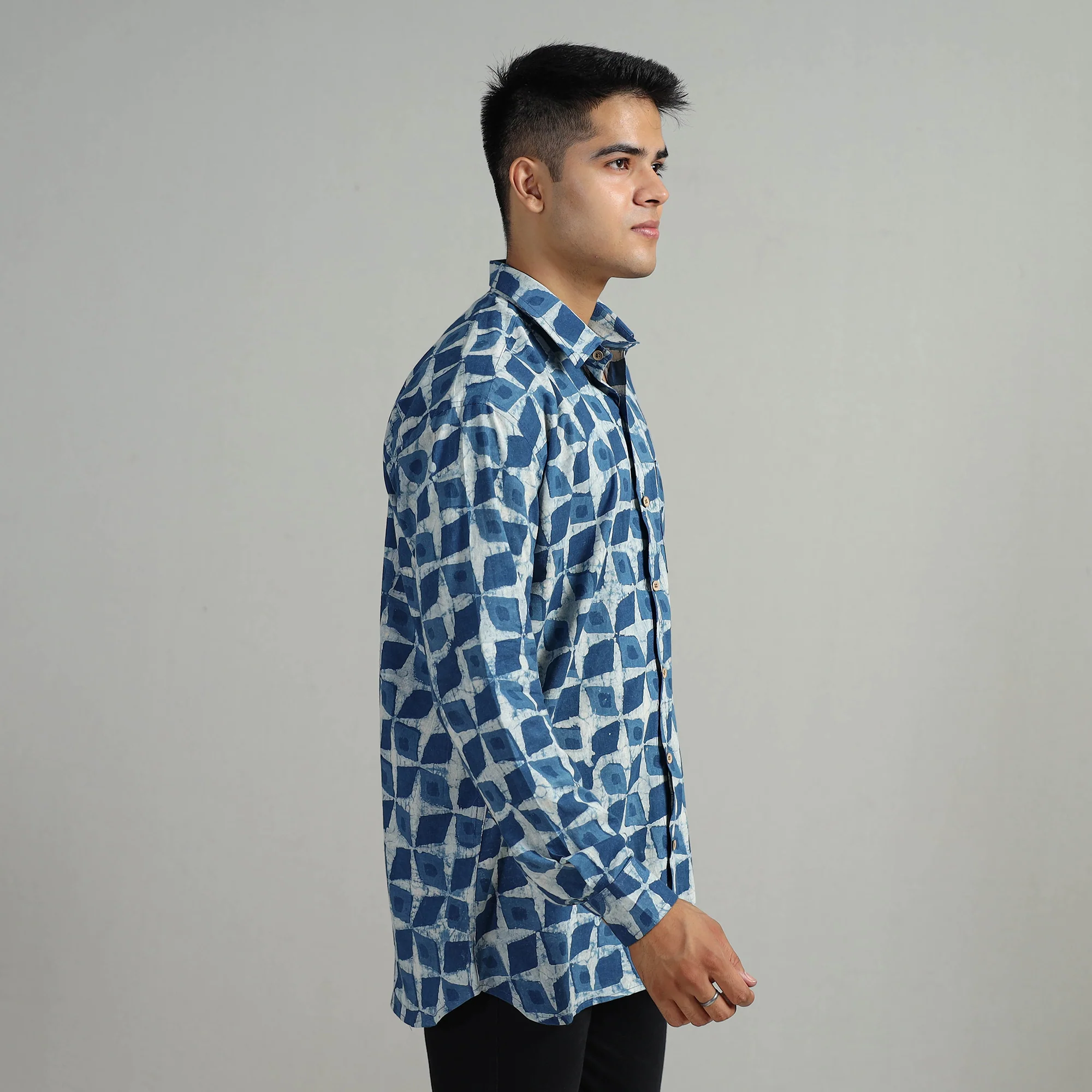 Blue - Indigo Block Printed Cotton Men Full Sleeve Shirt 16 - Image 3