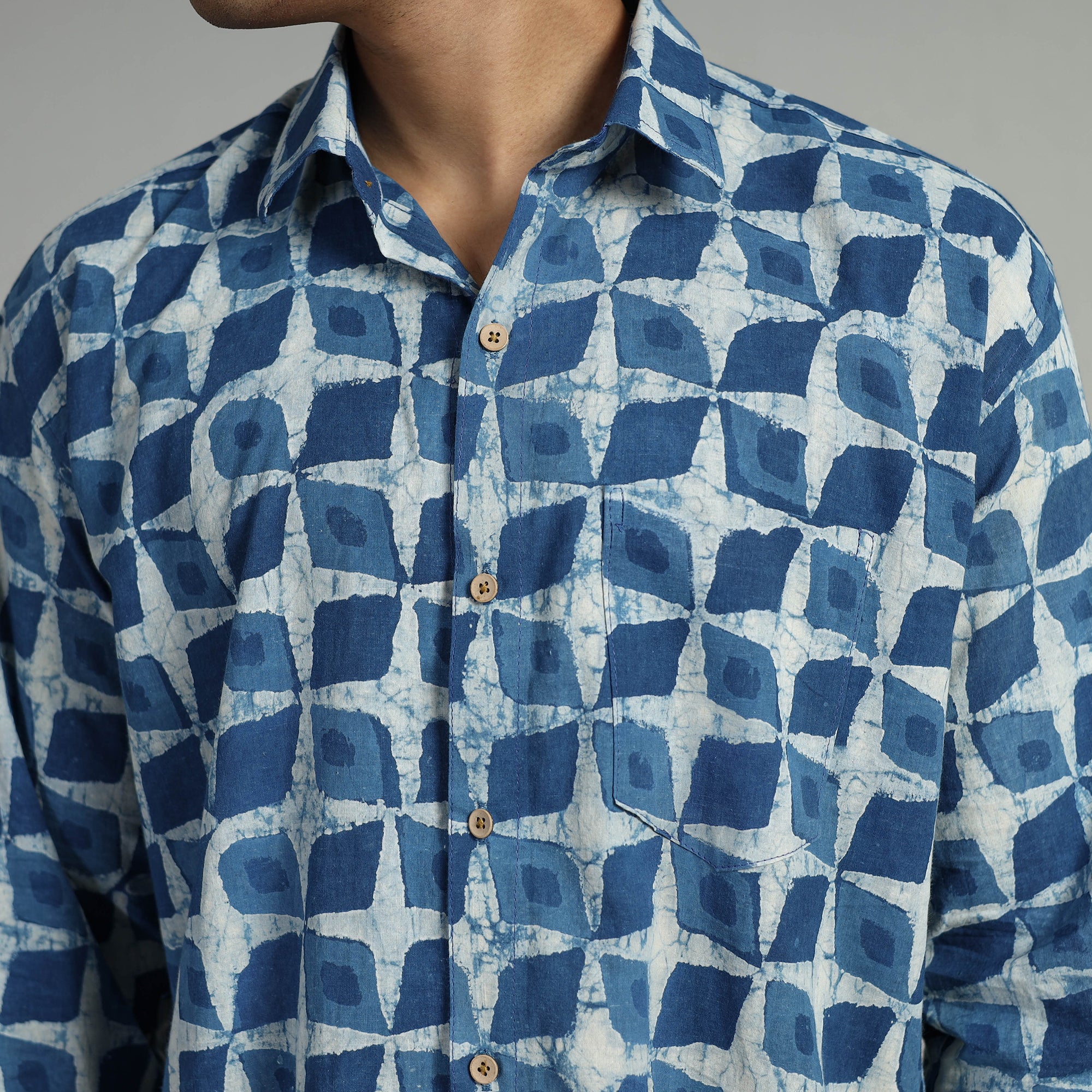 Blue - Indigo Block Printed Cotton Men Full Sleeve Shirt 16 - Image 4