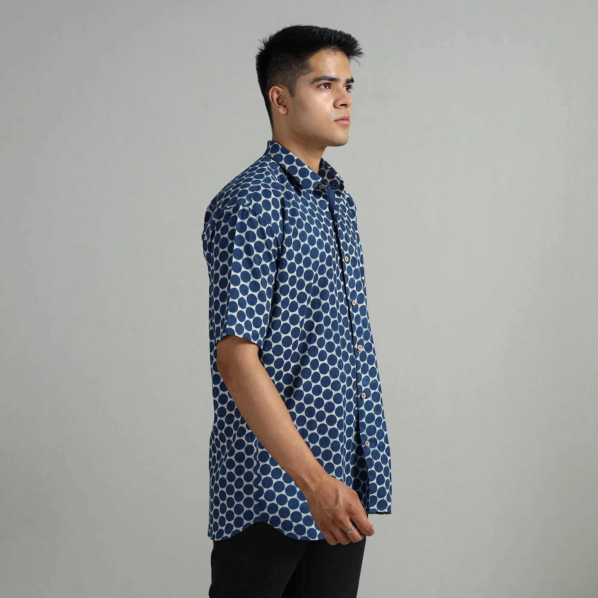 Blue - Indigo Block Printed Cotton Men Half Sleeve Shirt 03 - Image 3