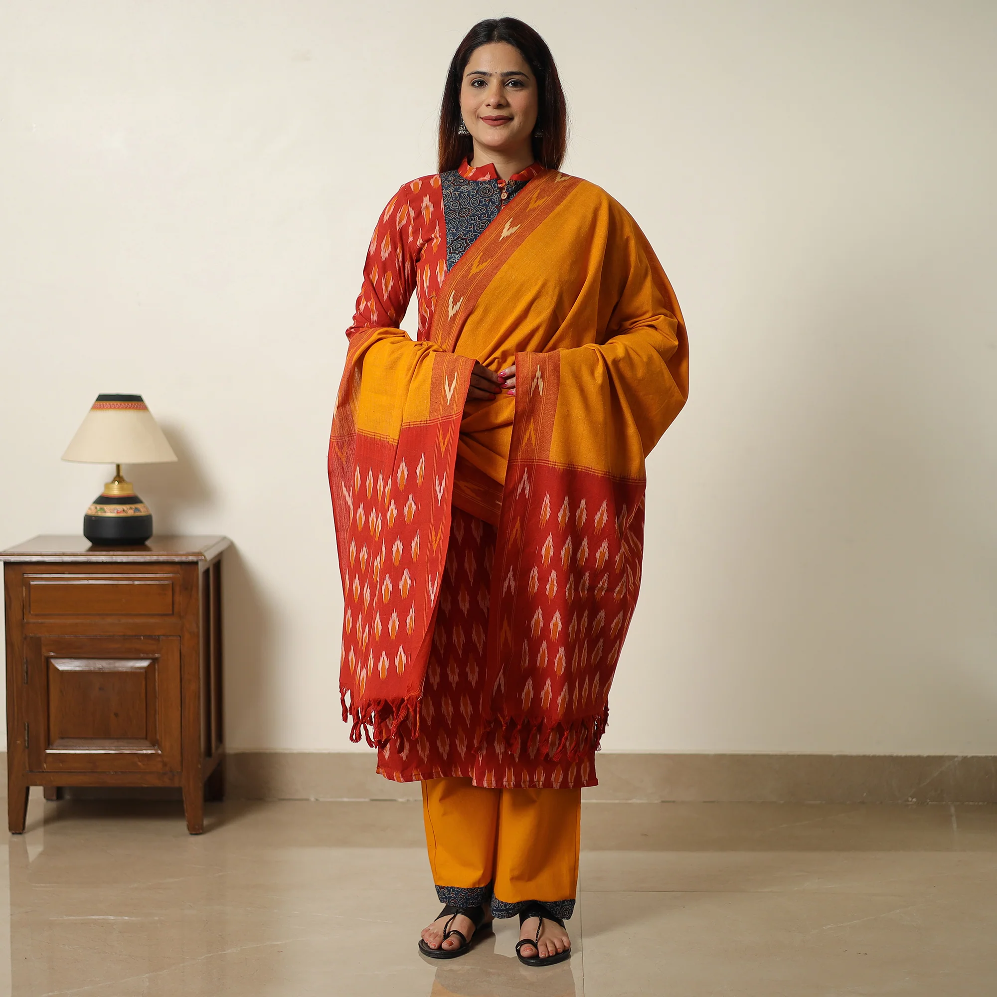 Red - Pochampally Ikat Weave Cotton Kurta with Palazzo & Dupatta Set 03 - Image 2