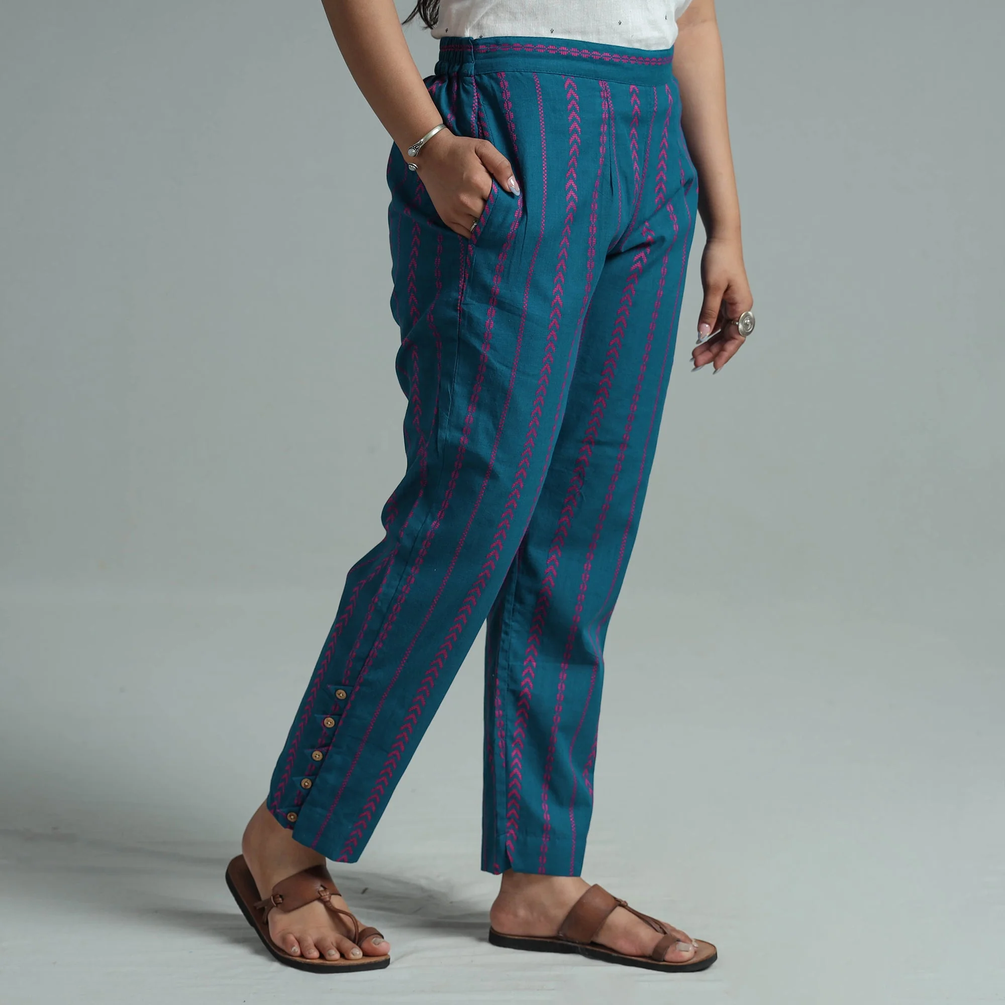 Blue - Jacquard Weave Cotton Elasticated Pant 02