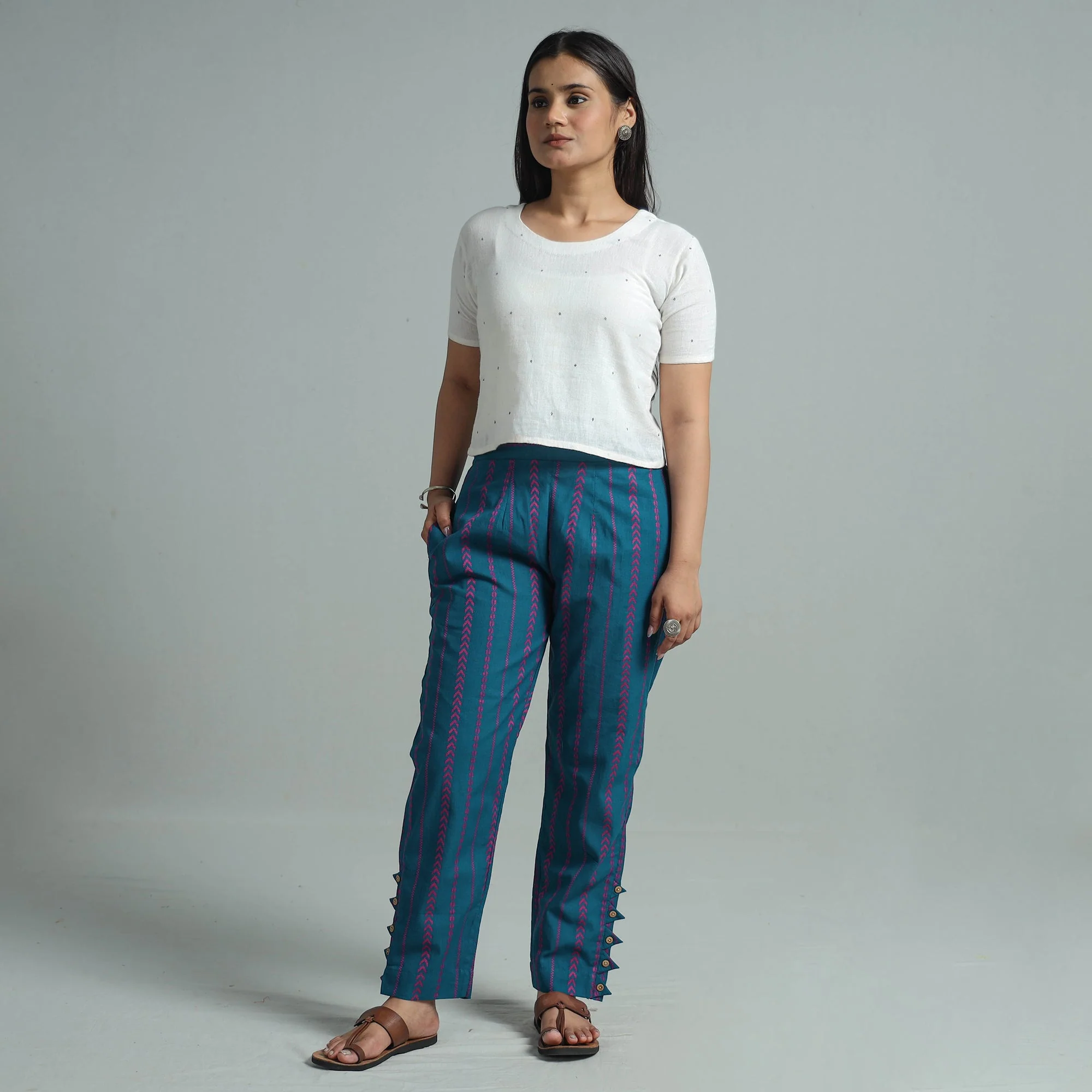 Blue - Jacquard Weave Cotton Elasticated Pant 02 - Image 2