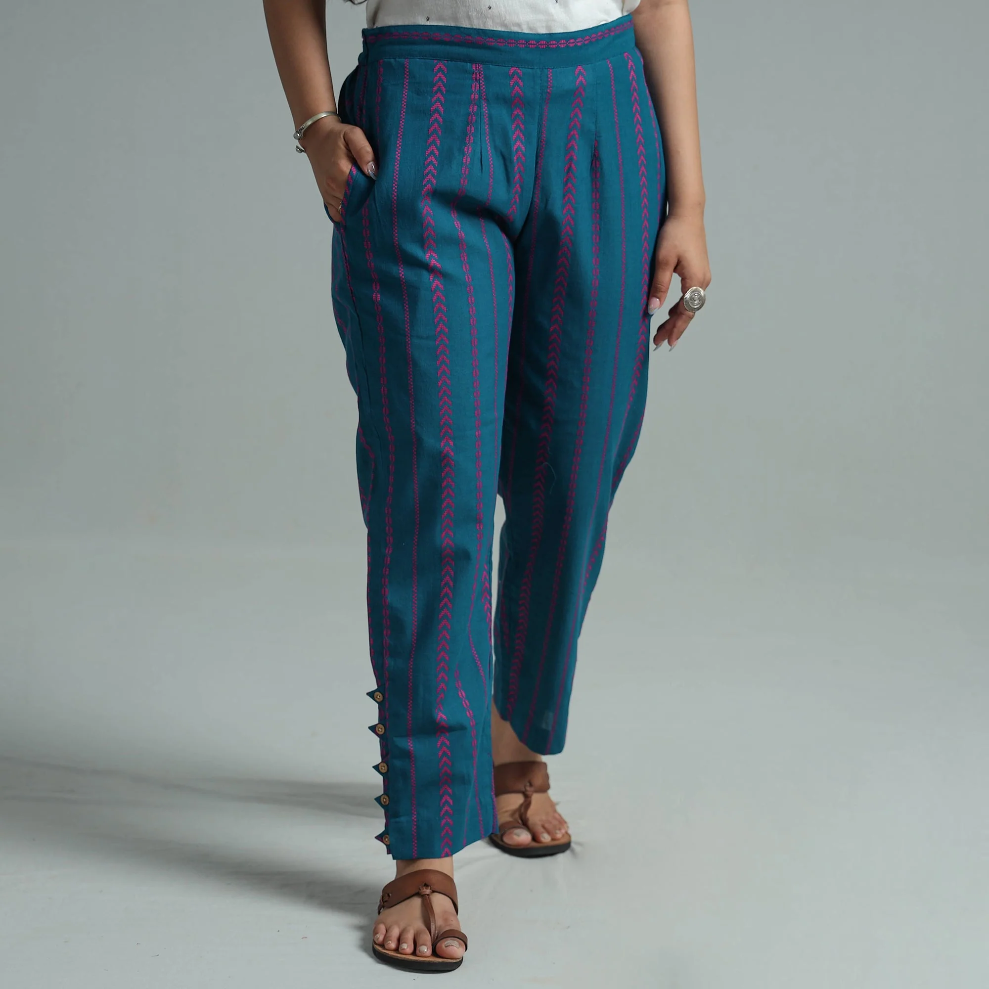 Blue - Jacquard Weave Cotton Elasticated Pant 02 - Image 3