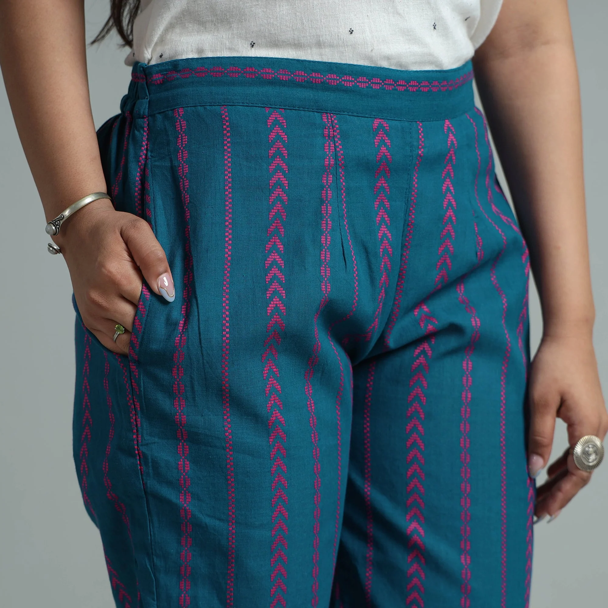 Blue - Jacquard Weave Cotton Elasticated Pant 02 - Image 4