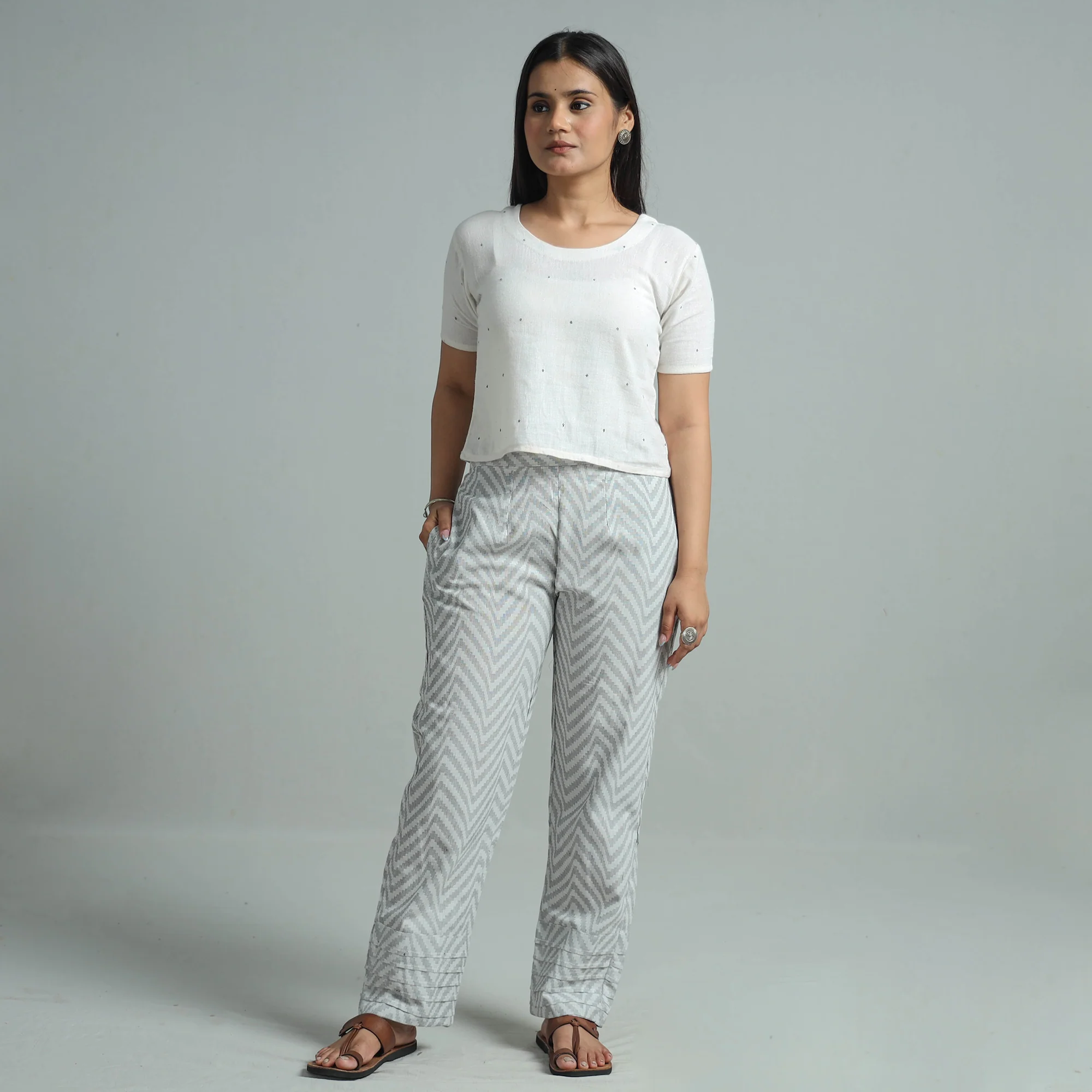 Grey - Jacquard Weave Cotton Elasticated Pant 06 - Image 2