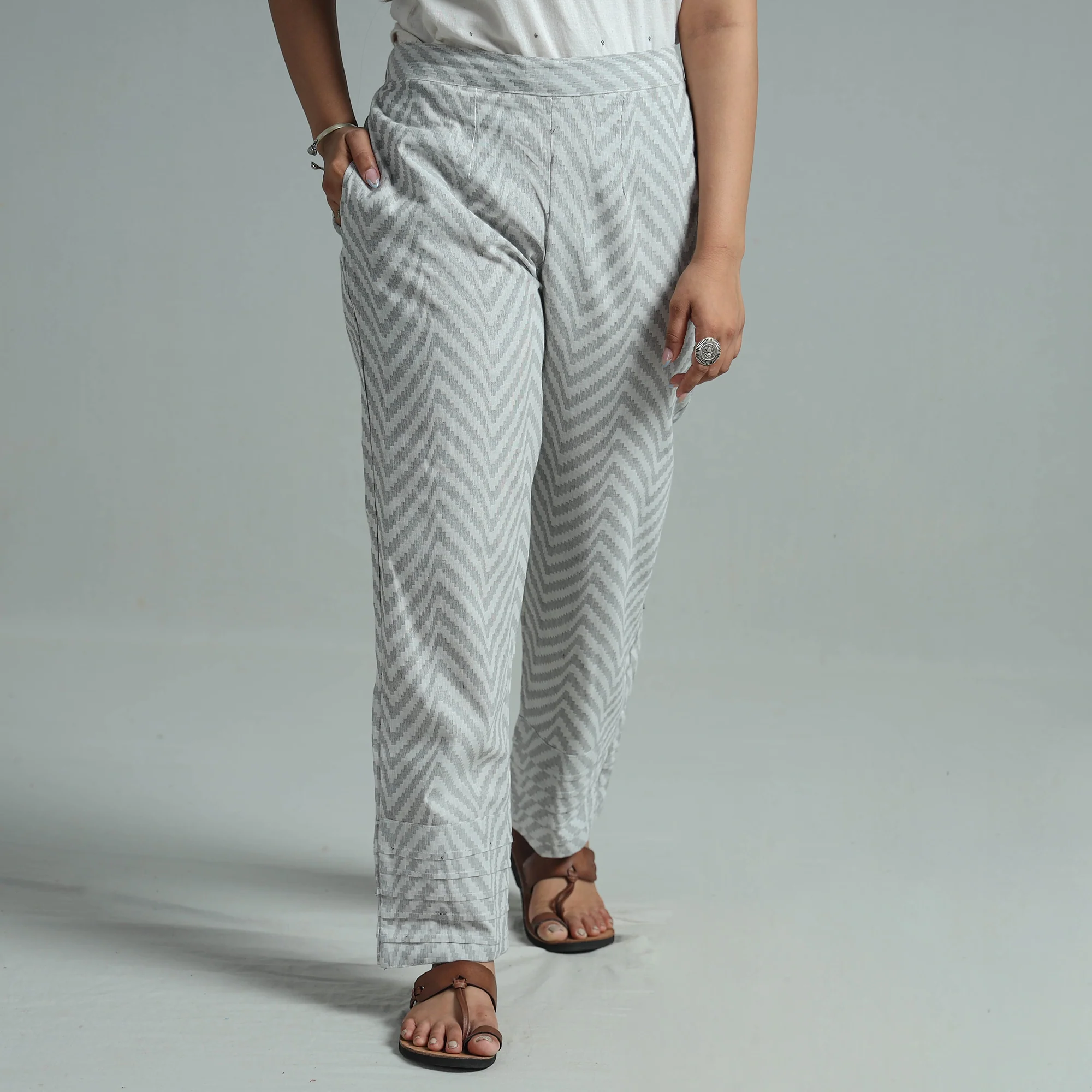 Grey - Jacquard Weave Cotton Elasticated Pant 06 - Image 3