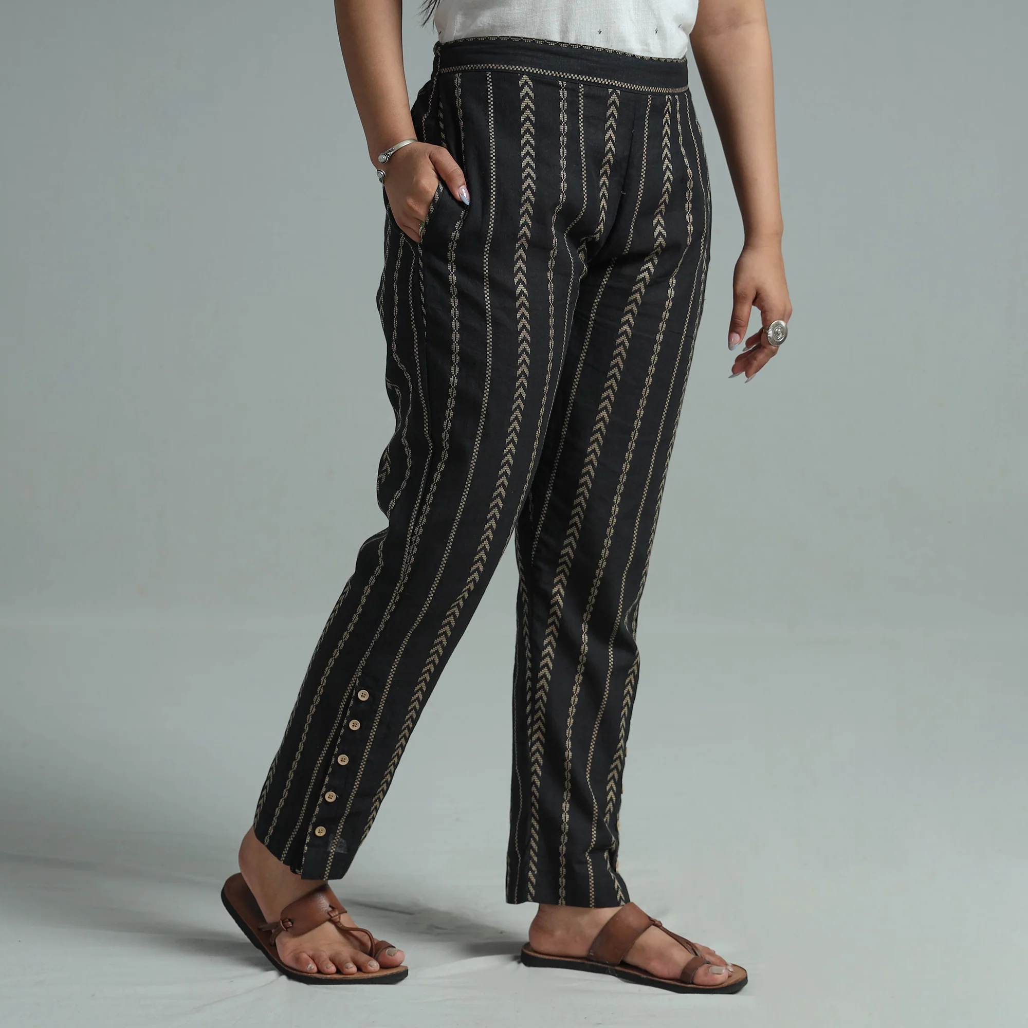 Black - Jacquard Weave Cotton Elasticated Pant 08