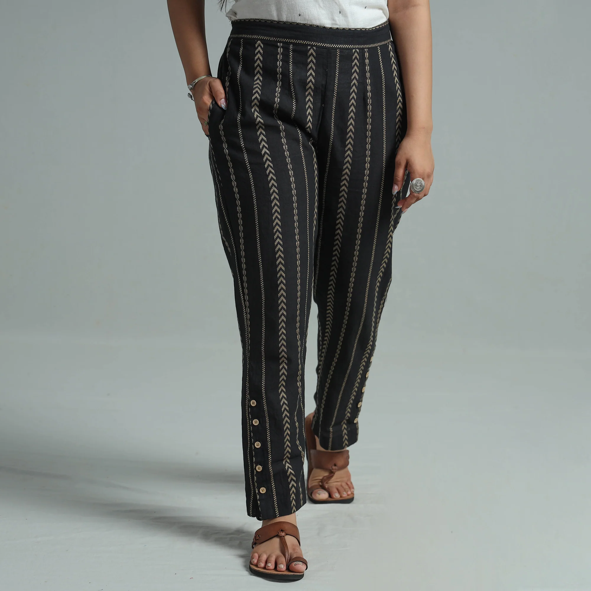 Black - Jacquard Weave Cotton Elasticated Pant 08 - Image 3