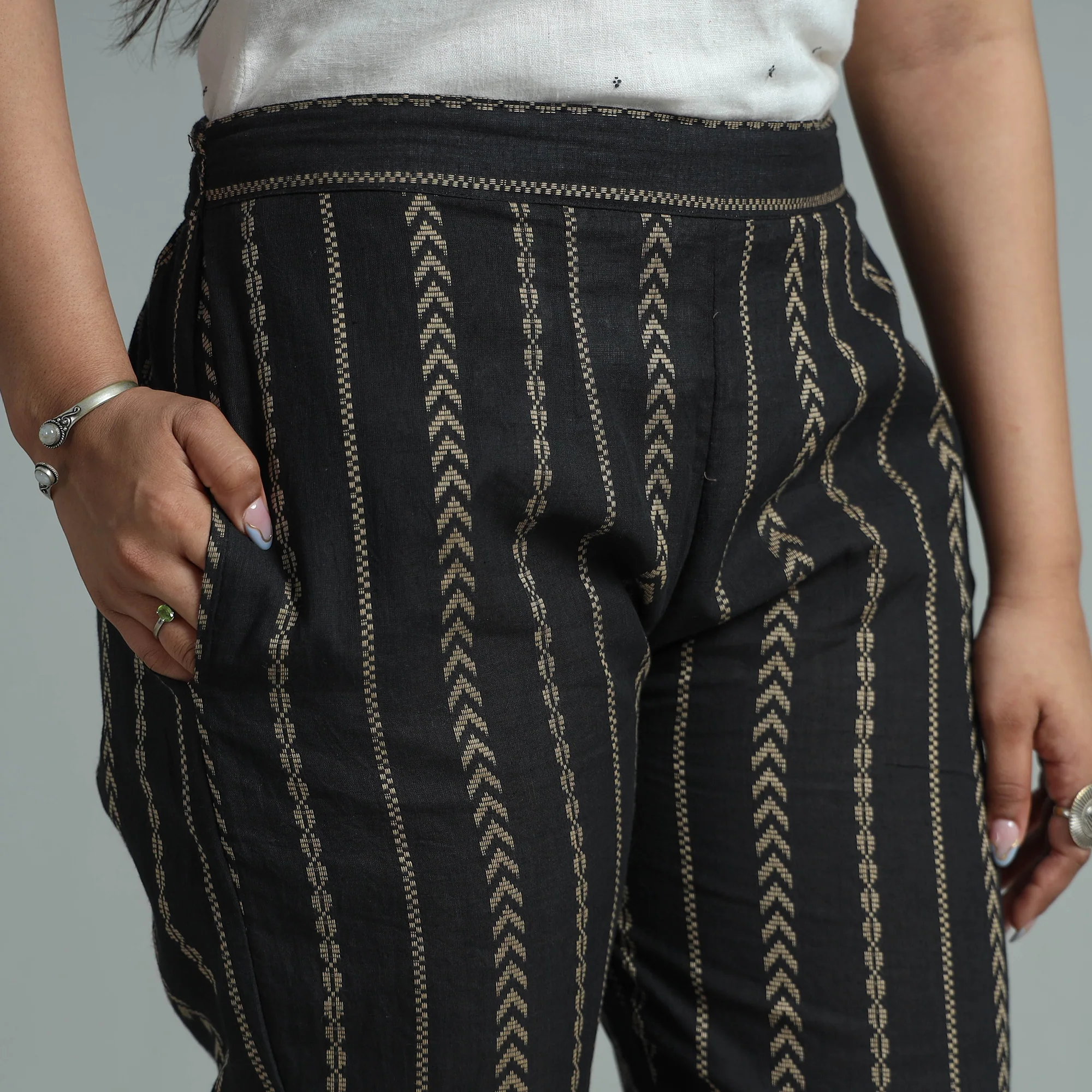 Black - Jacquard Weave Cotton Elasticated Pant 08 - Image 4