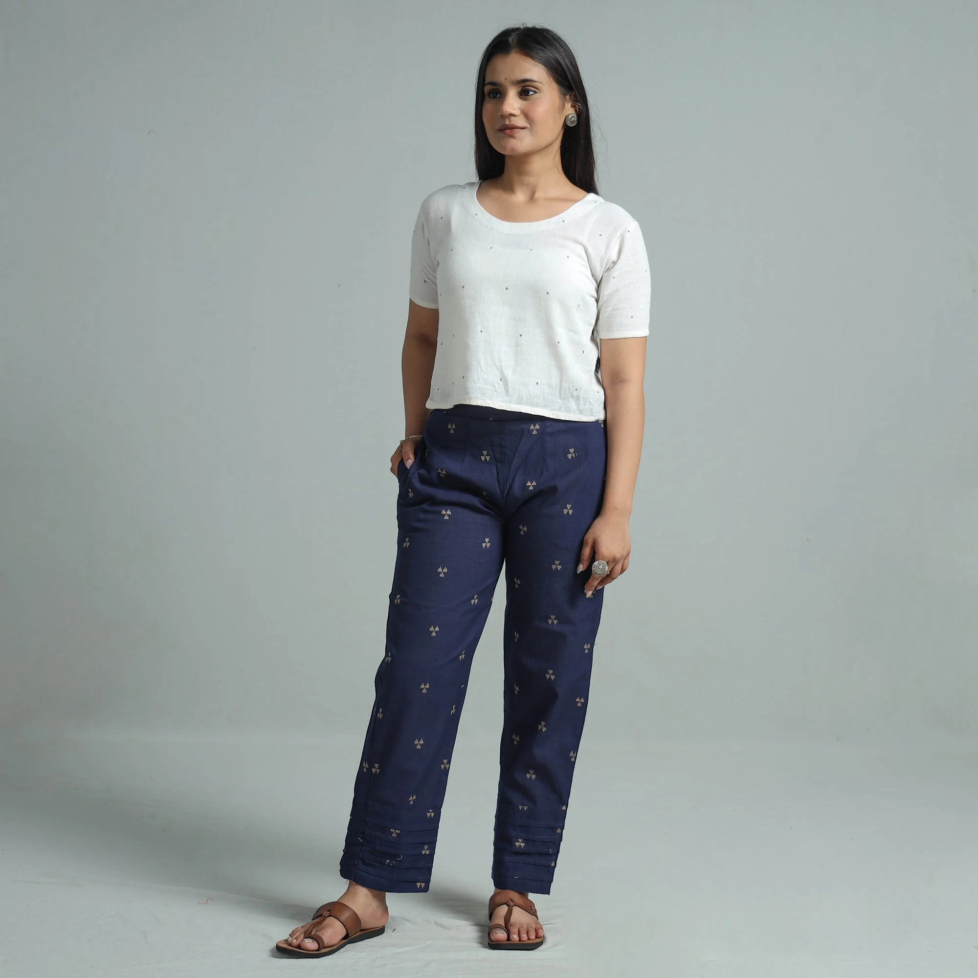 Blue - Jacquard Weave Cotton Elasticated Pant 10 - Image 2