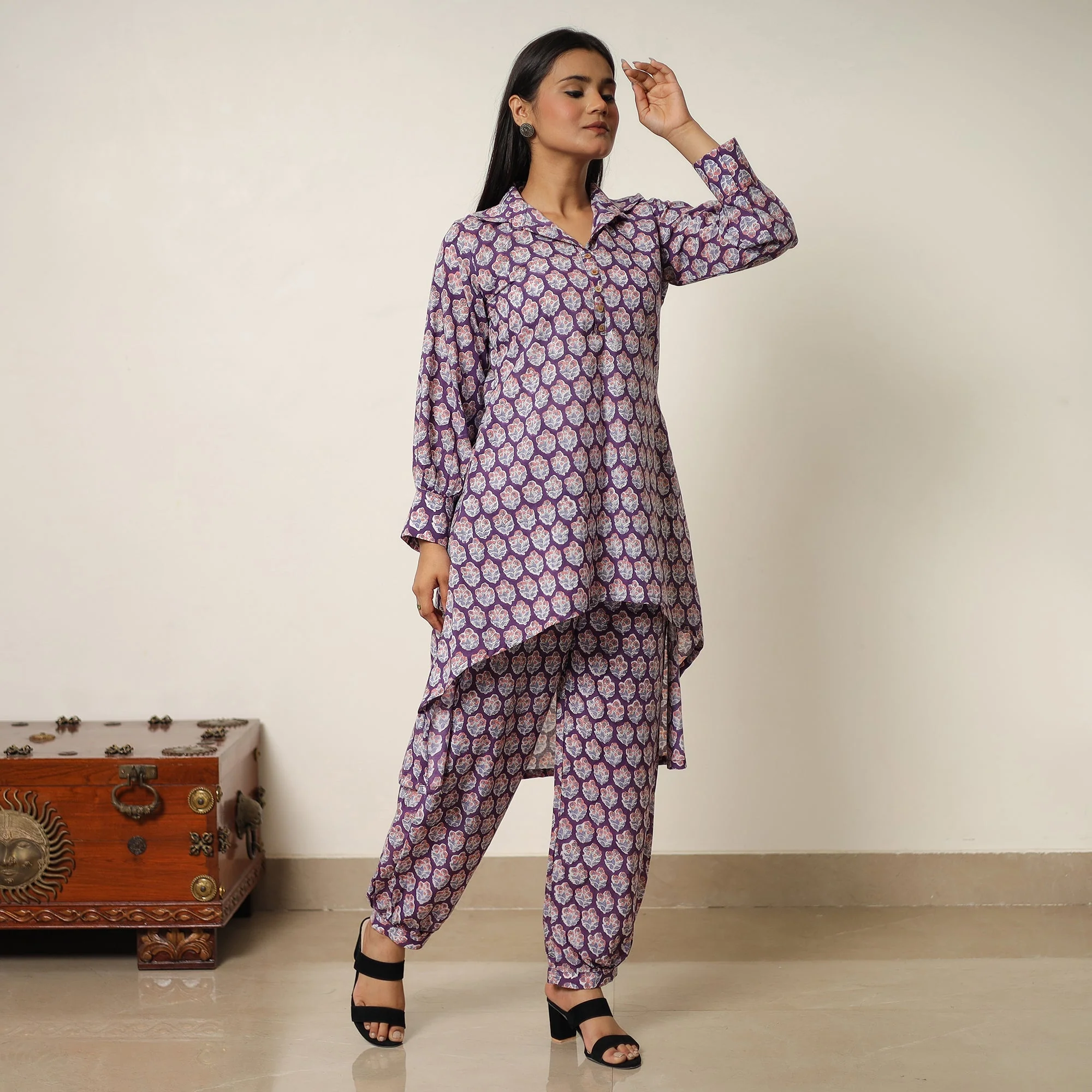 Purple - Sanganeri Block Printed Cotton Co-Ord Set 02 - Image 2