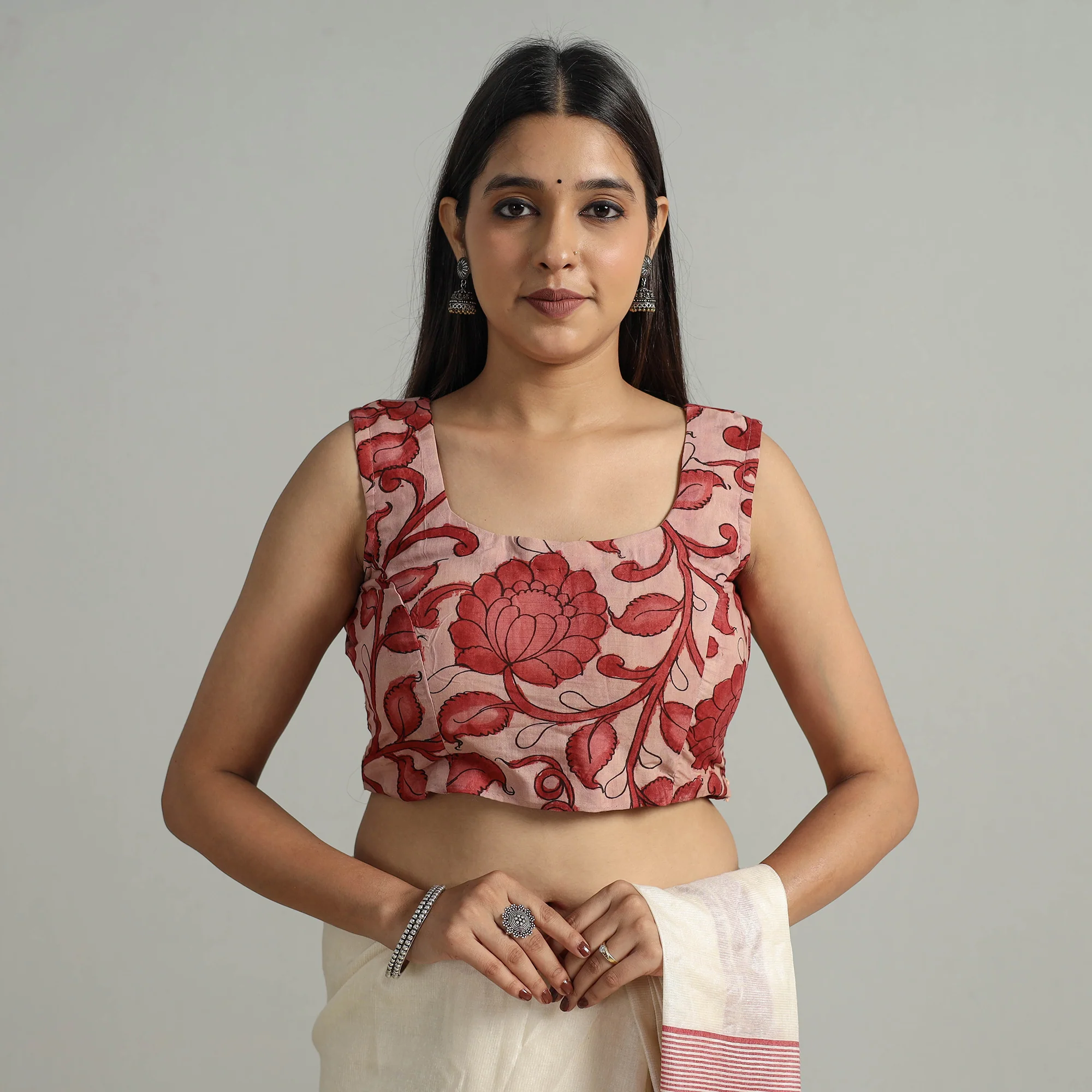 Purple - Srikalahasti Handpainted Penwork Kalamkari Chanderi Silk Stitched Blouse 02 - Image 3