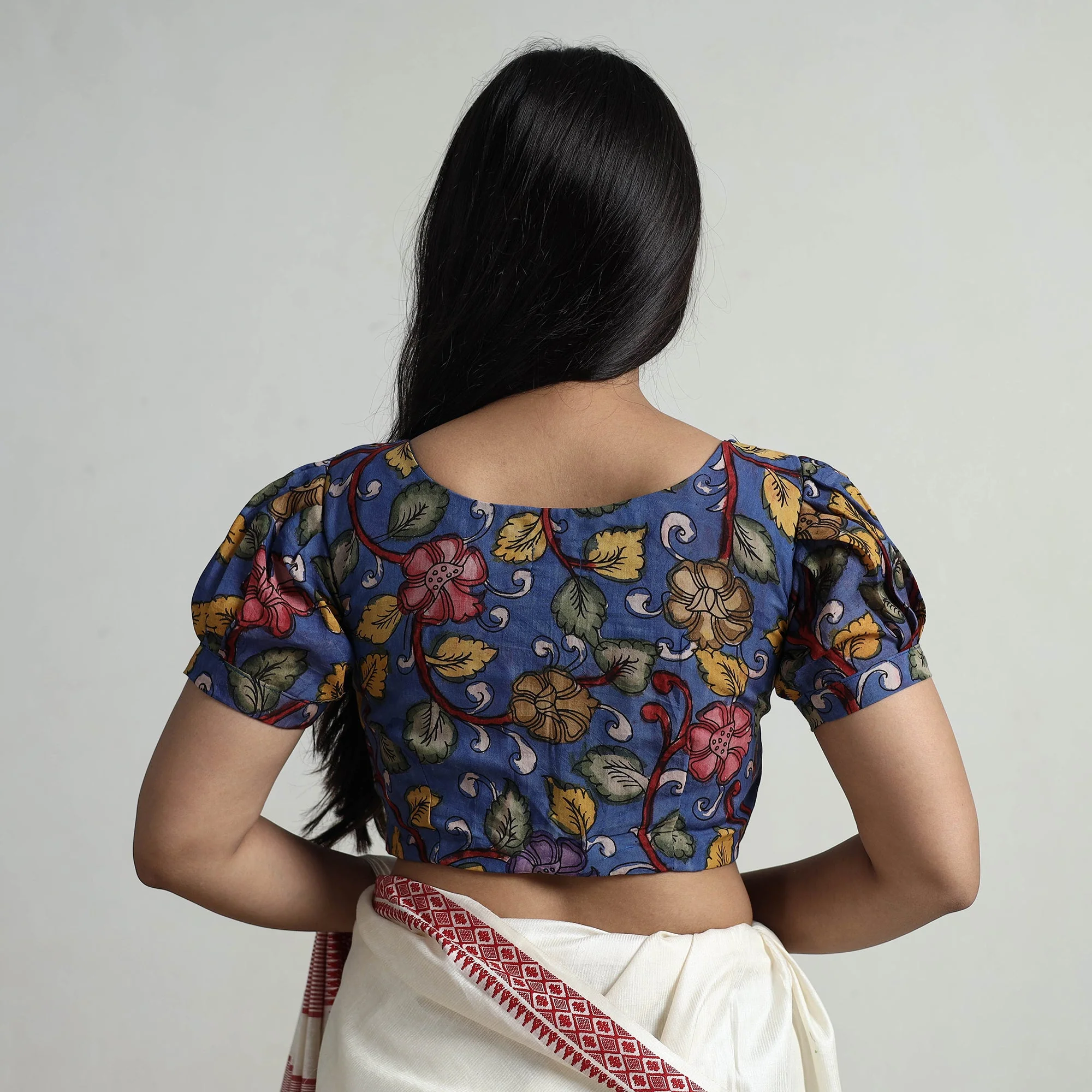 Blue - Srikalahasti Handpainted Penwork Kalamkari Chanderi Silk Stitched Blouse 08 - Image 6