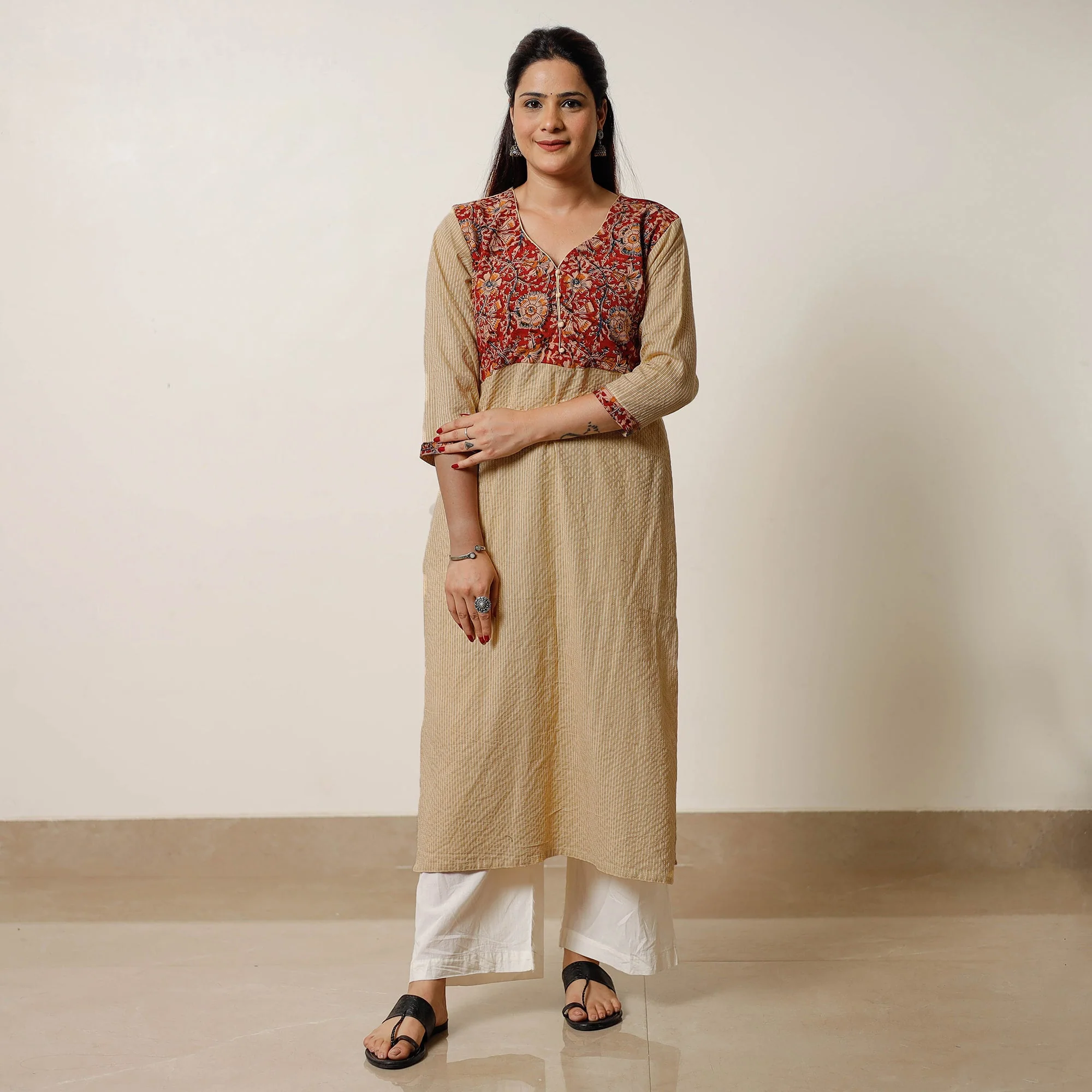 Brown - Running Stitch Cotton Straight Kurta with Kalamkari Patchwork 11 - Image 3