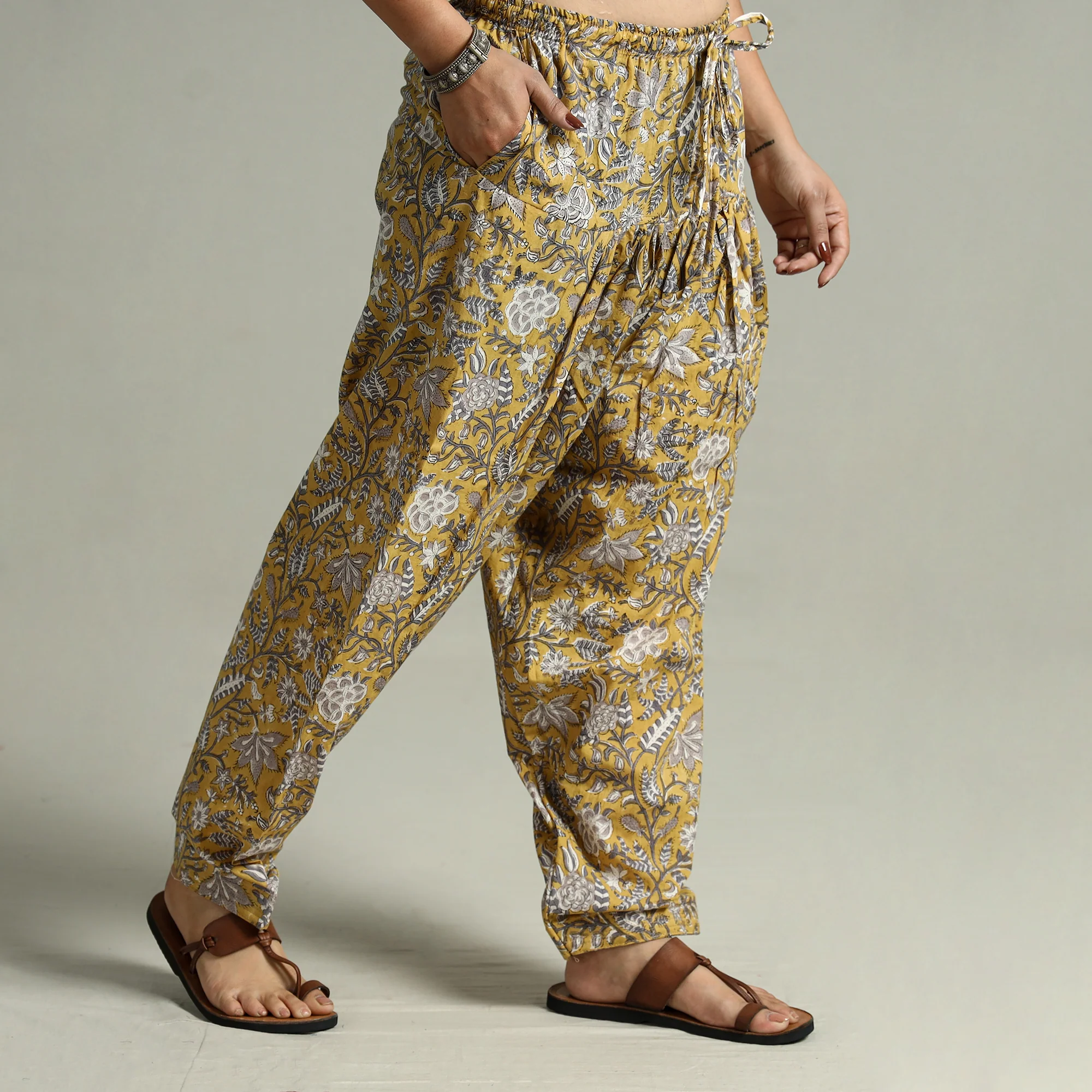 Yellow - Sanganeri Block Printed Cotton Elasticated Salwar 01
